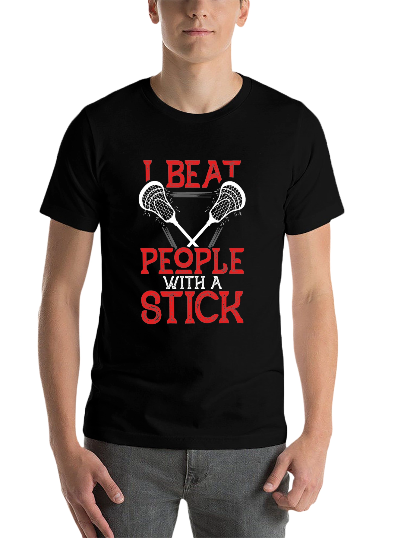 Black I Beat People With a Stick Lacrosse T-Shirt view 7