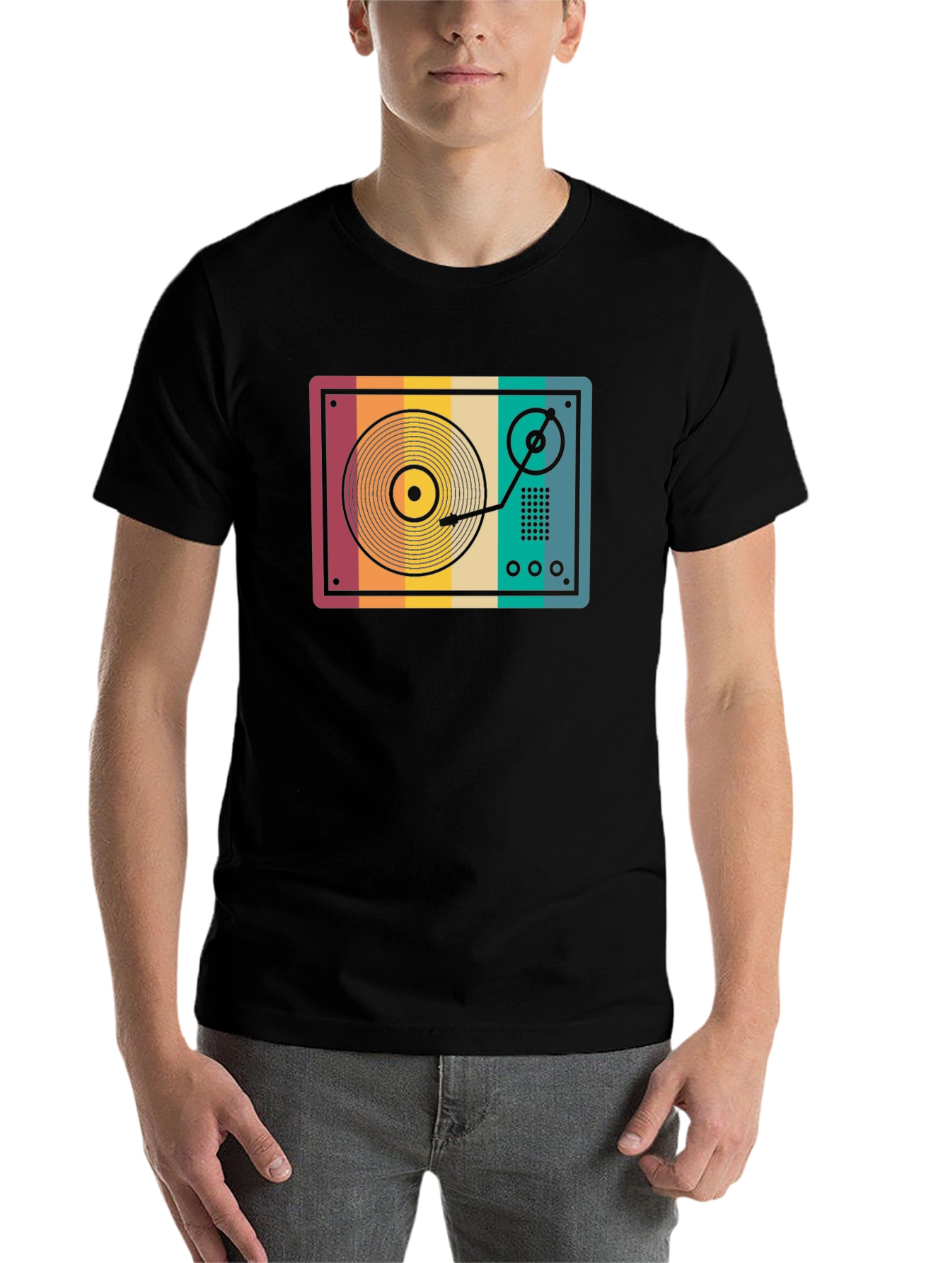 Black Retro Vinyl Record Player Graphic T-Shirt view 7