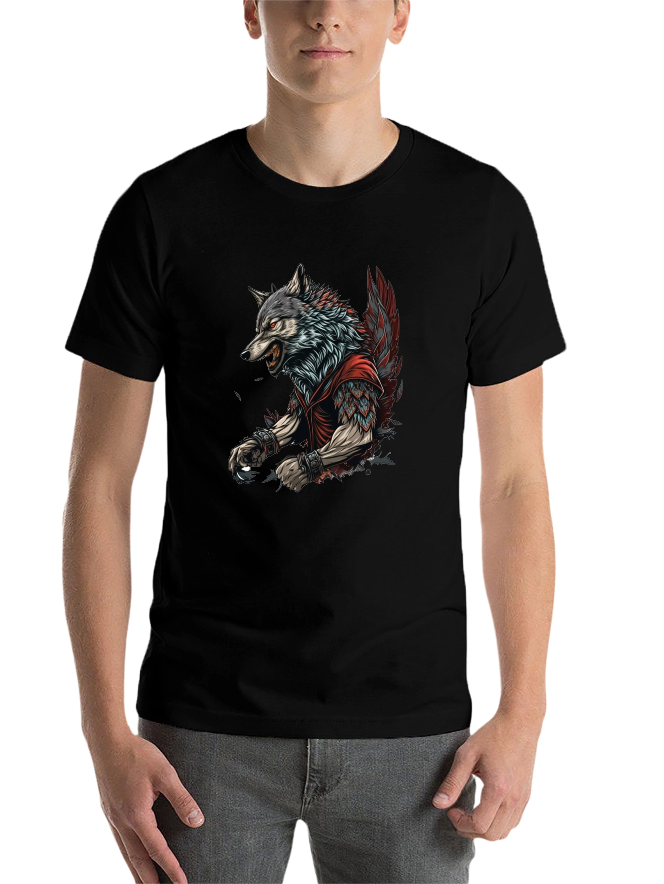 Black Wolf Warrior Graphic Print Black T-Shirt view 7