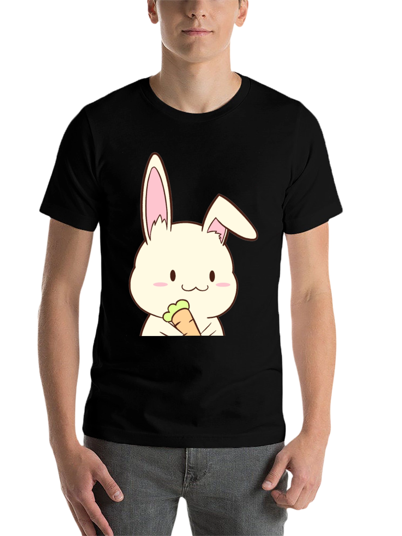 Black Cute Rabbit Holding Carrot Graphic T-Shirt view 7