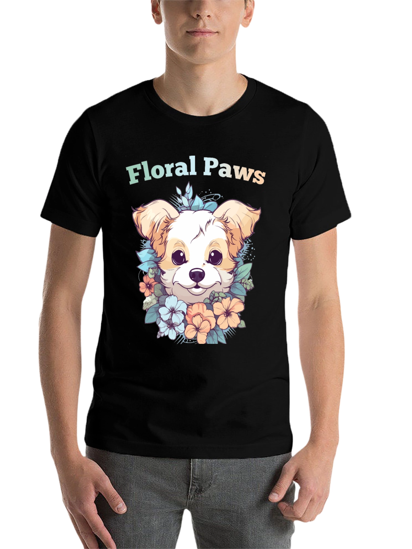 Black Floral Paws Dog Graphic Tee - Cute Puppy Shirt view 7