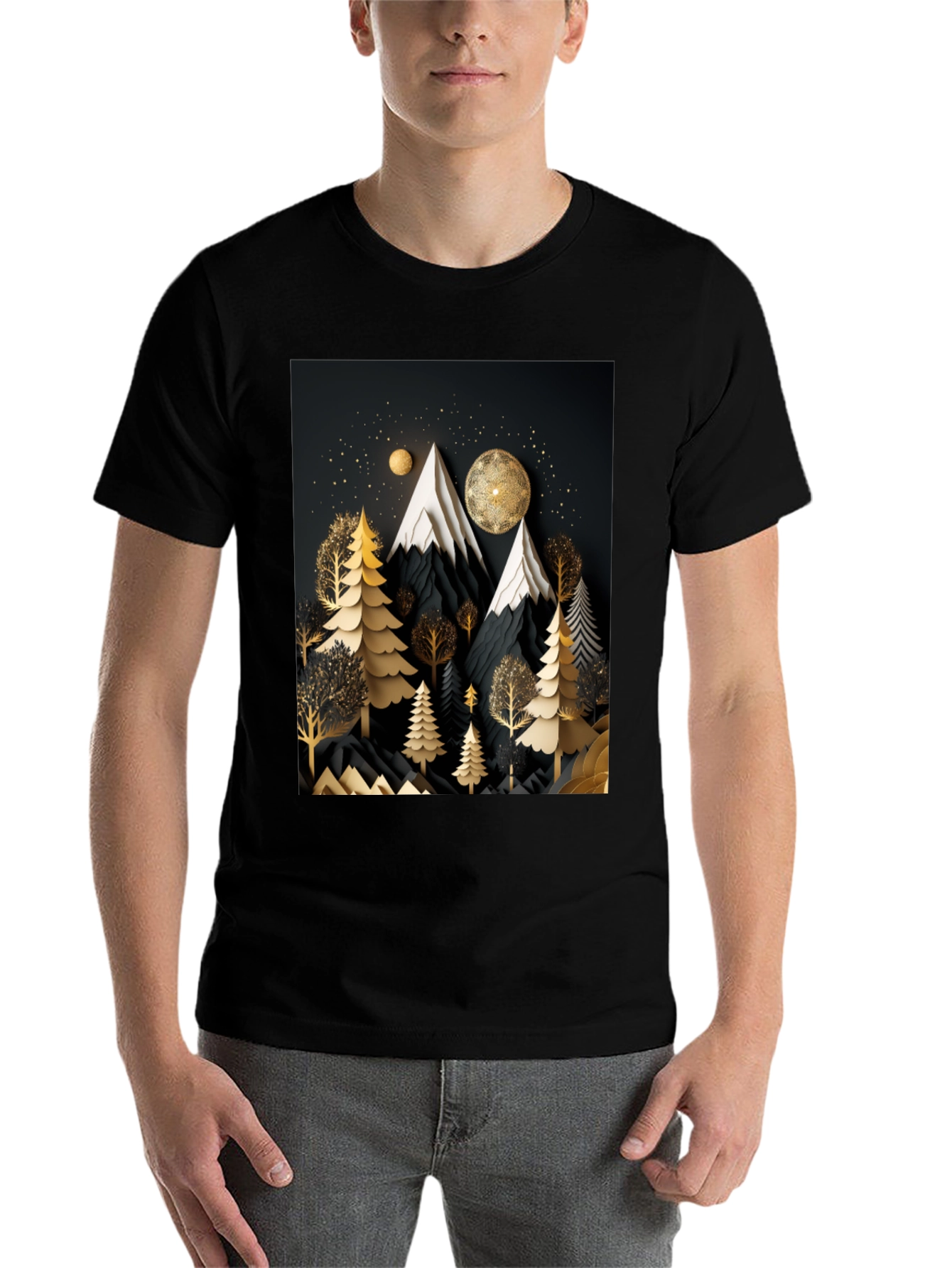 Black Elegant Mountain Forest T-Shirt view 7
