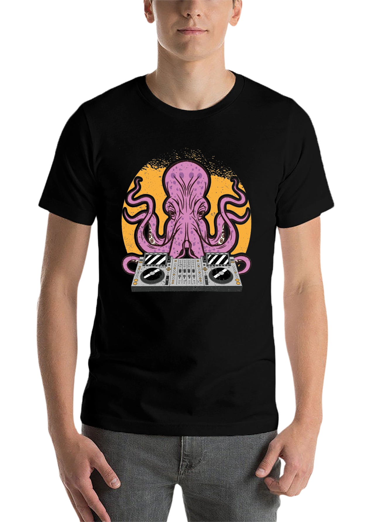Black DJ Octopus Graphic Tee - Black Cotton T-Shirt view 7