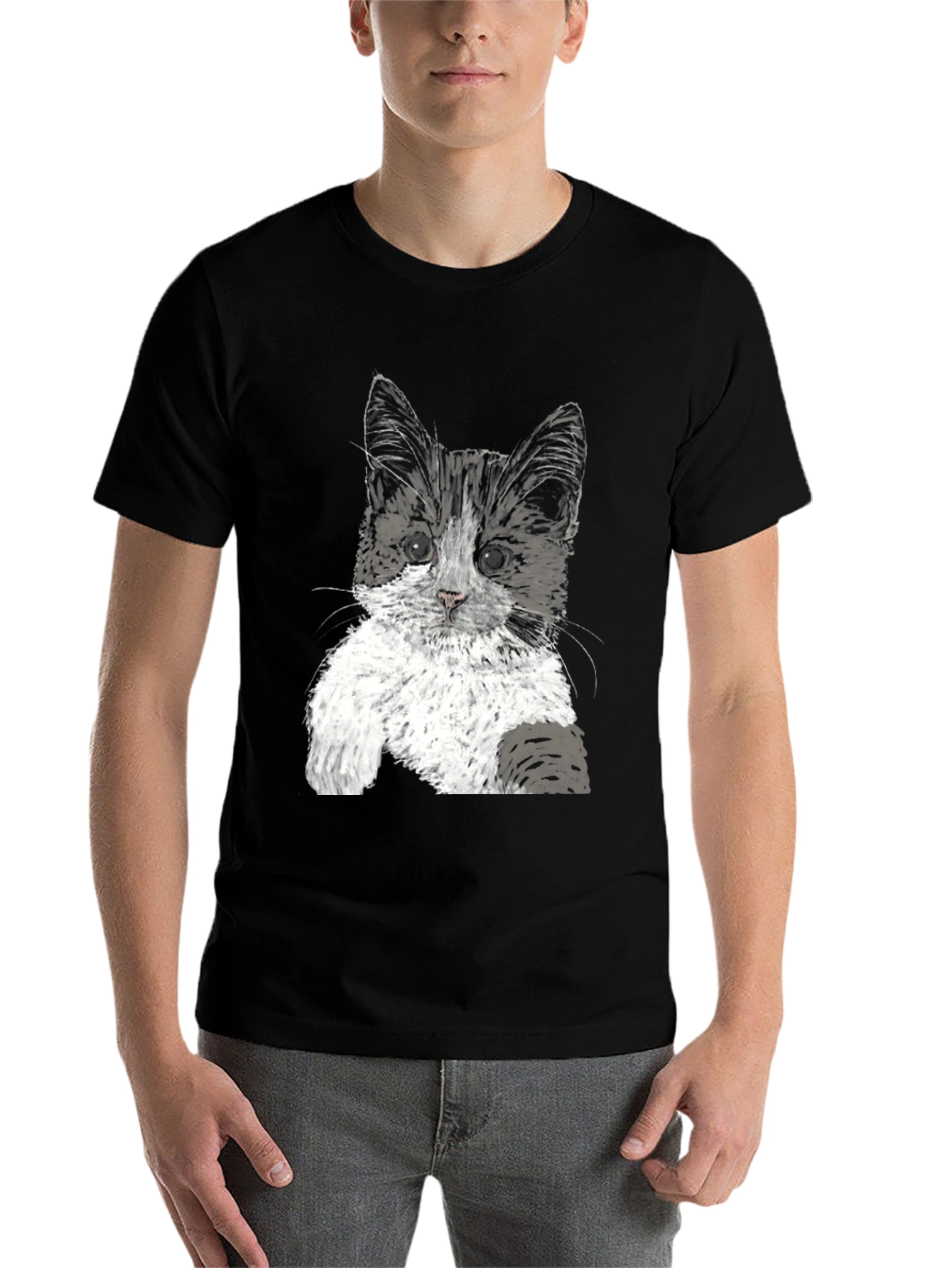 Black Cute Kitten Graphic Tee - Black Cotton T-Shirt view 7