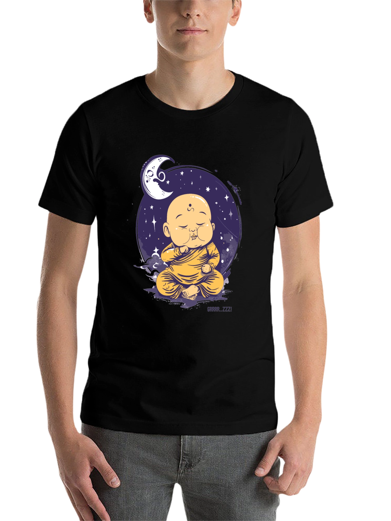 Black Zen Monk Moon T-Shirt - Sleepy Buddha Design view 7