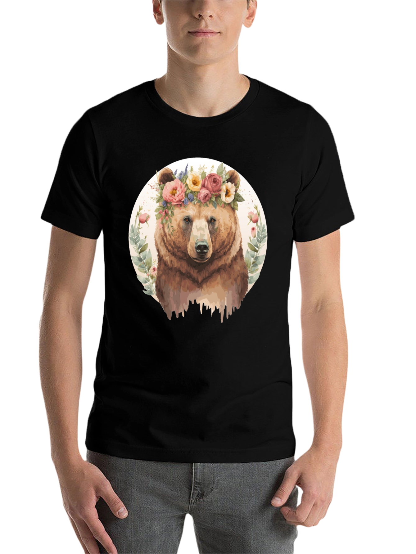 Black Floral Bear Graphic Tee - Men's Black T-Shirt view 7