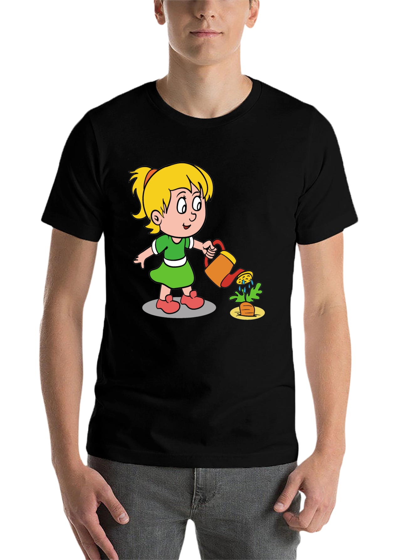 Black Cartoon Girl Gardening T-Shirt view 7