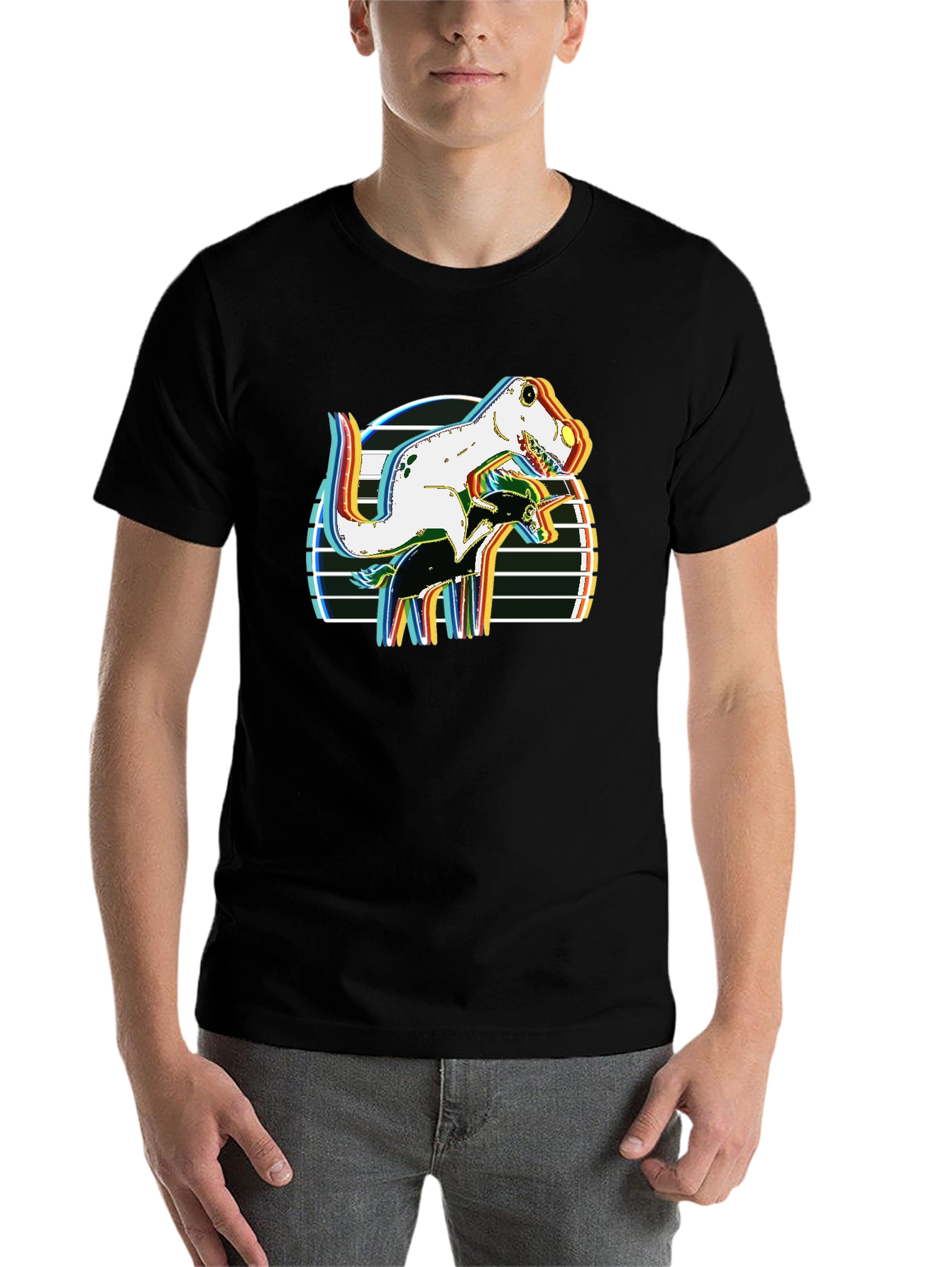 Black Dino Riding Unicorn Retro Style Graphic T-Shirt view 7