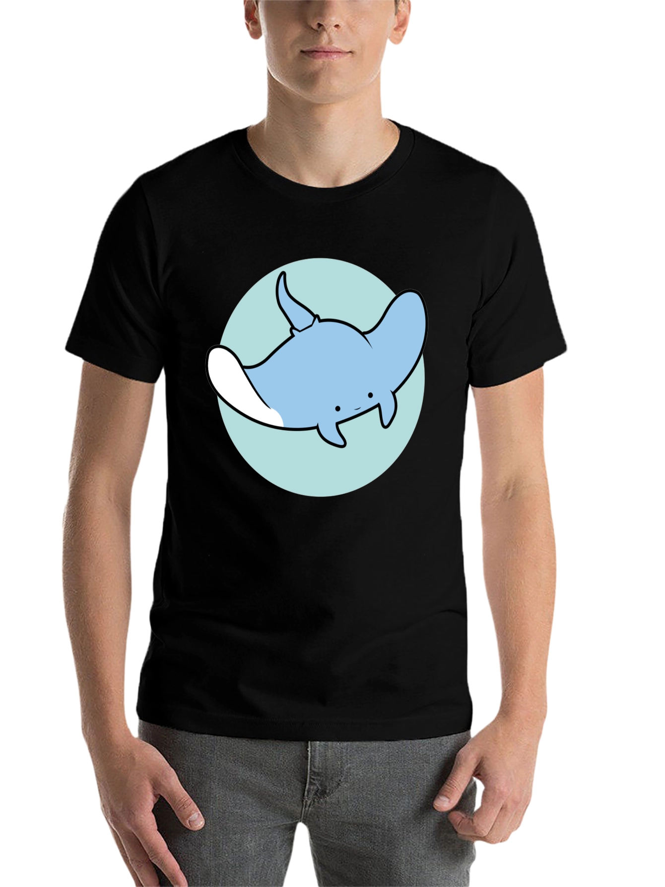 Black Cartoon Manta Ray Graphic Tee - Casual Black T-Shirt view 7