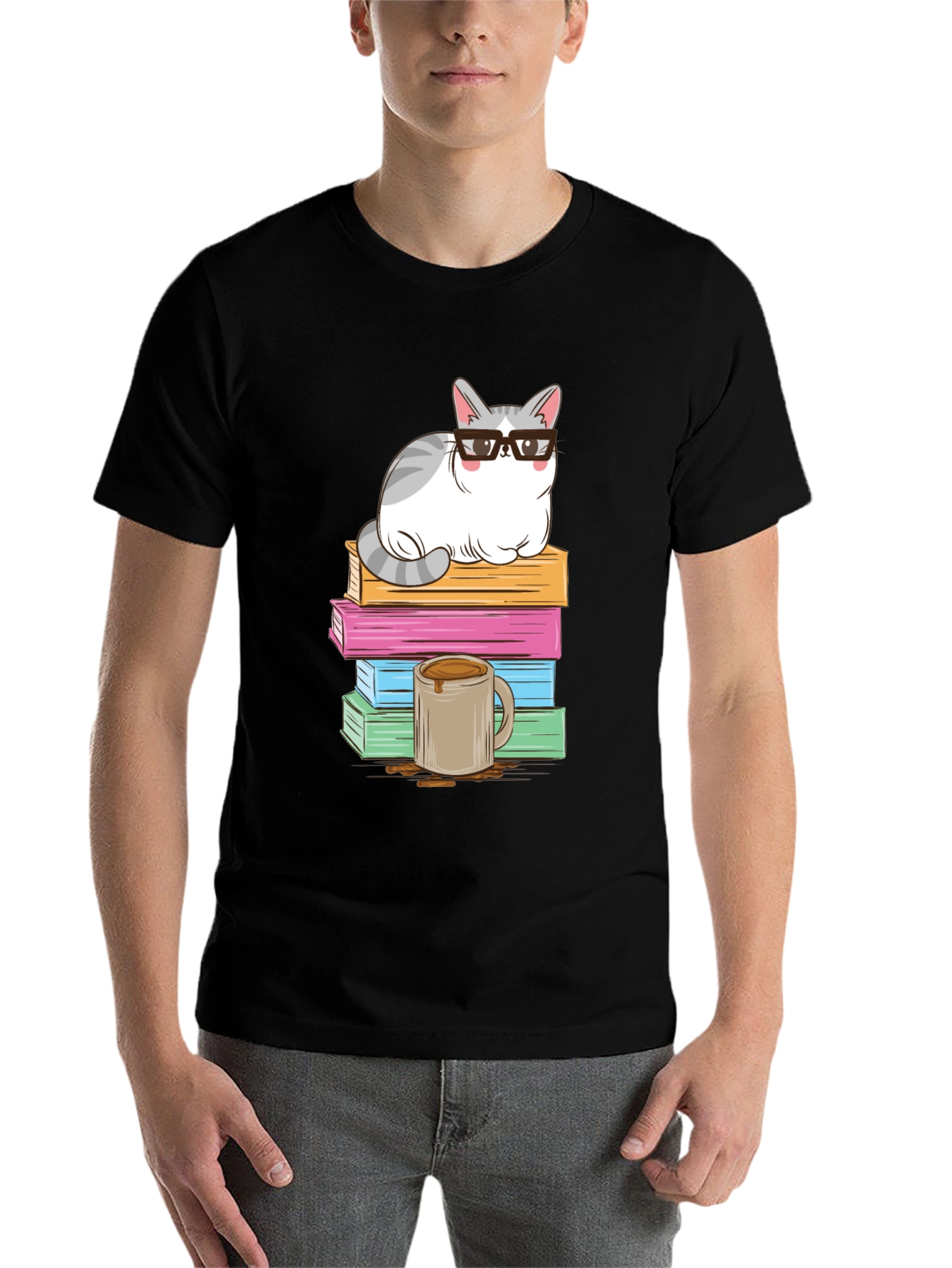 Black Cat with Glasses on Books T-Shirt view 7