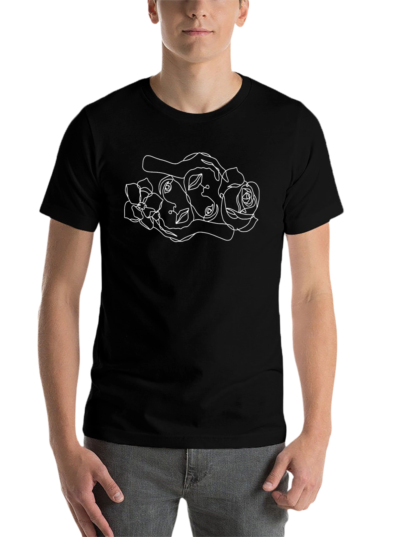 Abstract Face & Floral Graphic Tee - Black - 7