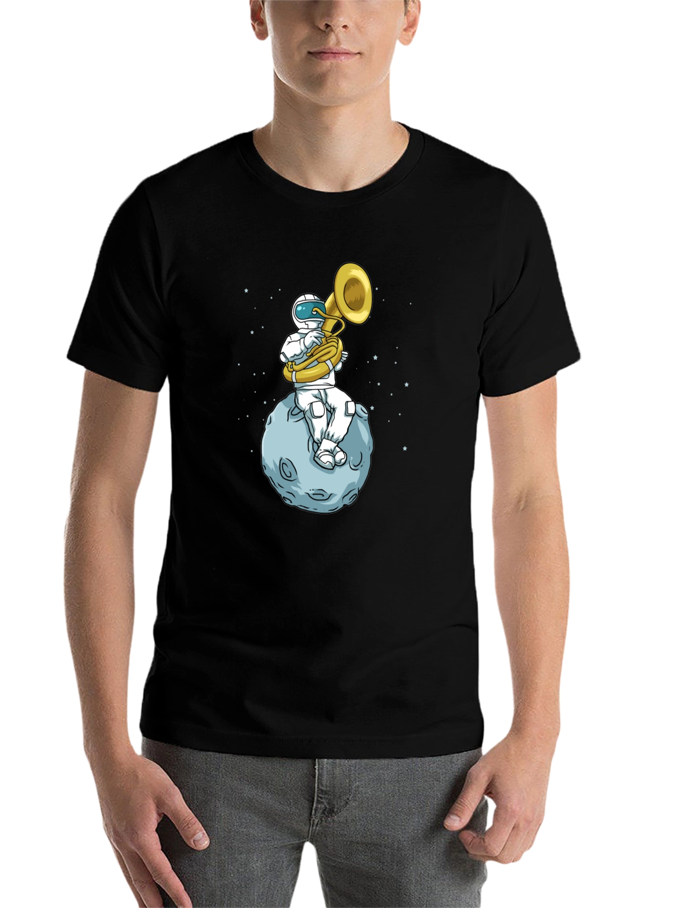 Black Astronaut Tuba Player on Moon T-Shirt view 7