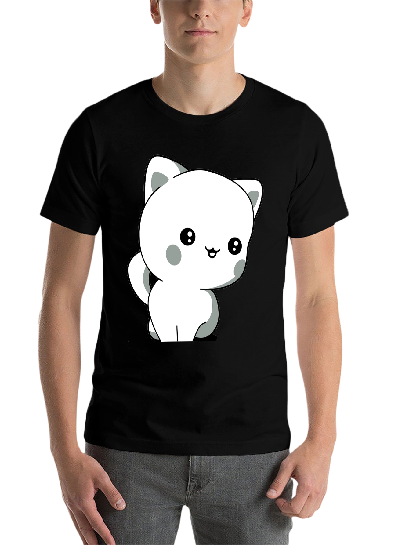 Black Cute Cartoon Cat Graphic Tee - Unisex Soft Cotton T-Shirt view 7