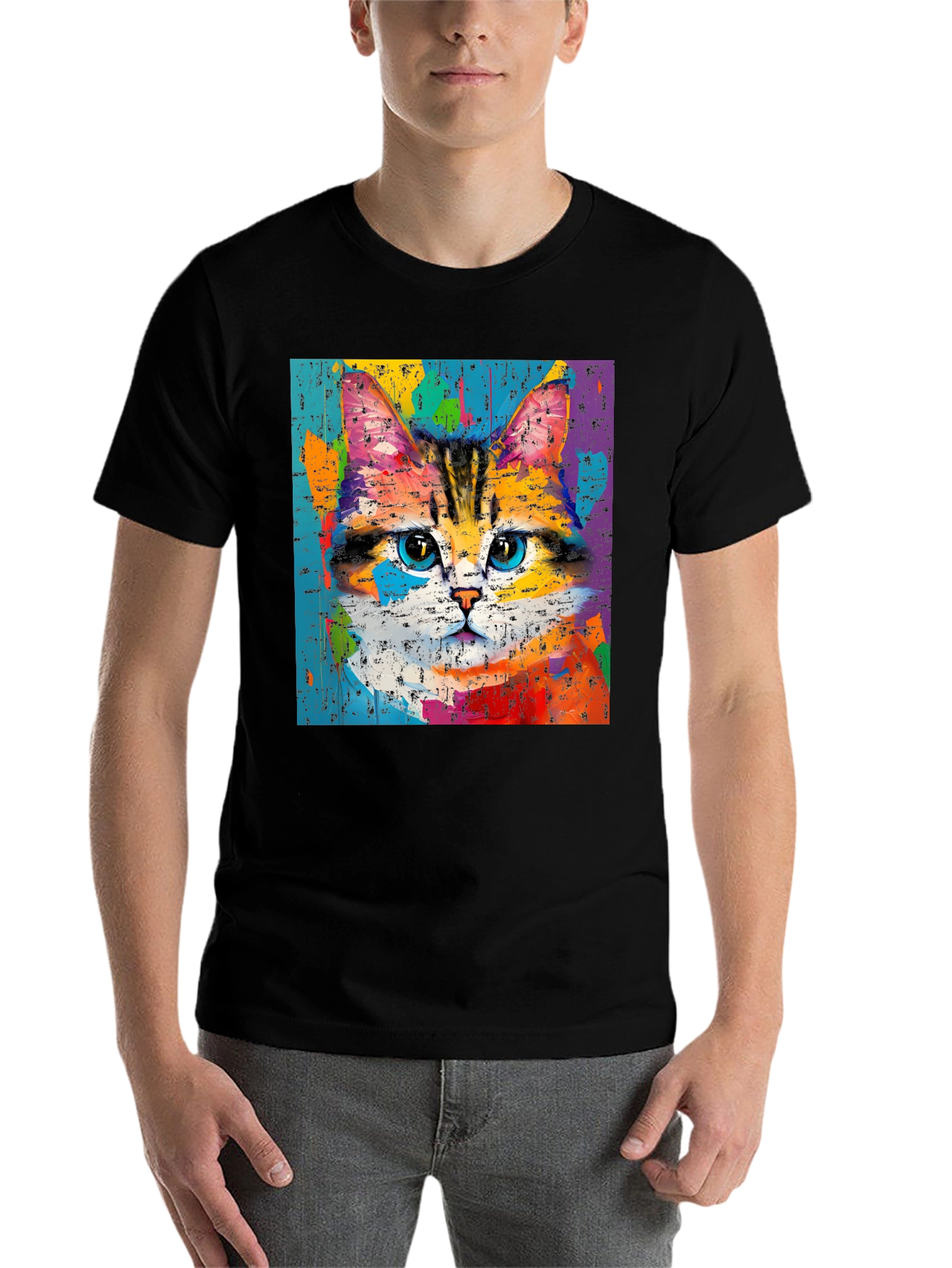 Black Colorful Cat Art T-Shirt view 7
