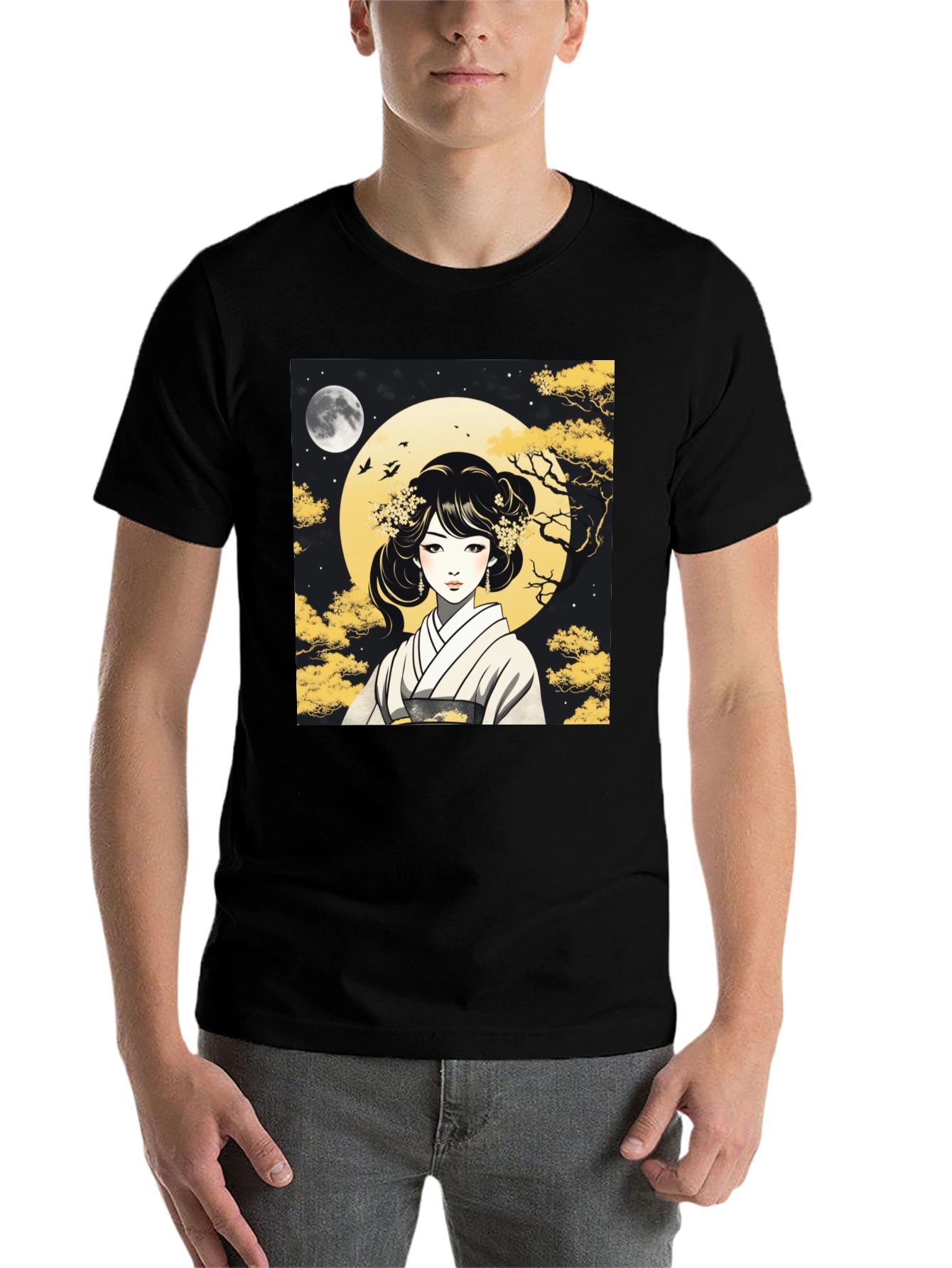 Black Asian Woman T-Shirt - Moonlit Kimono Design view 7