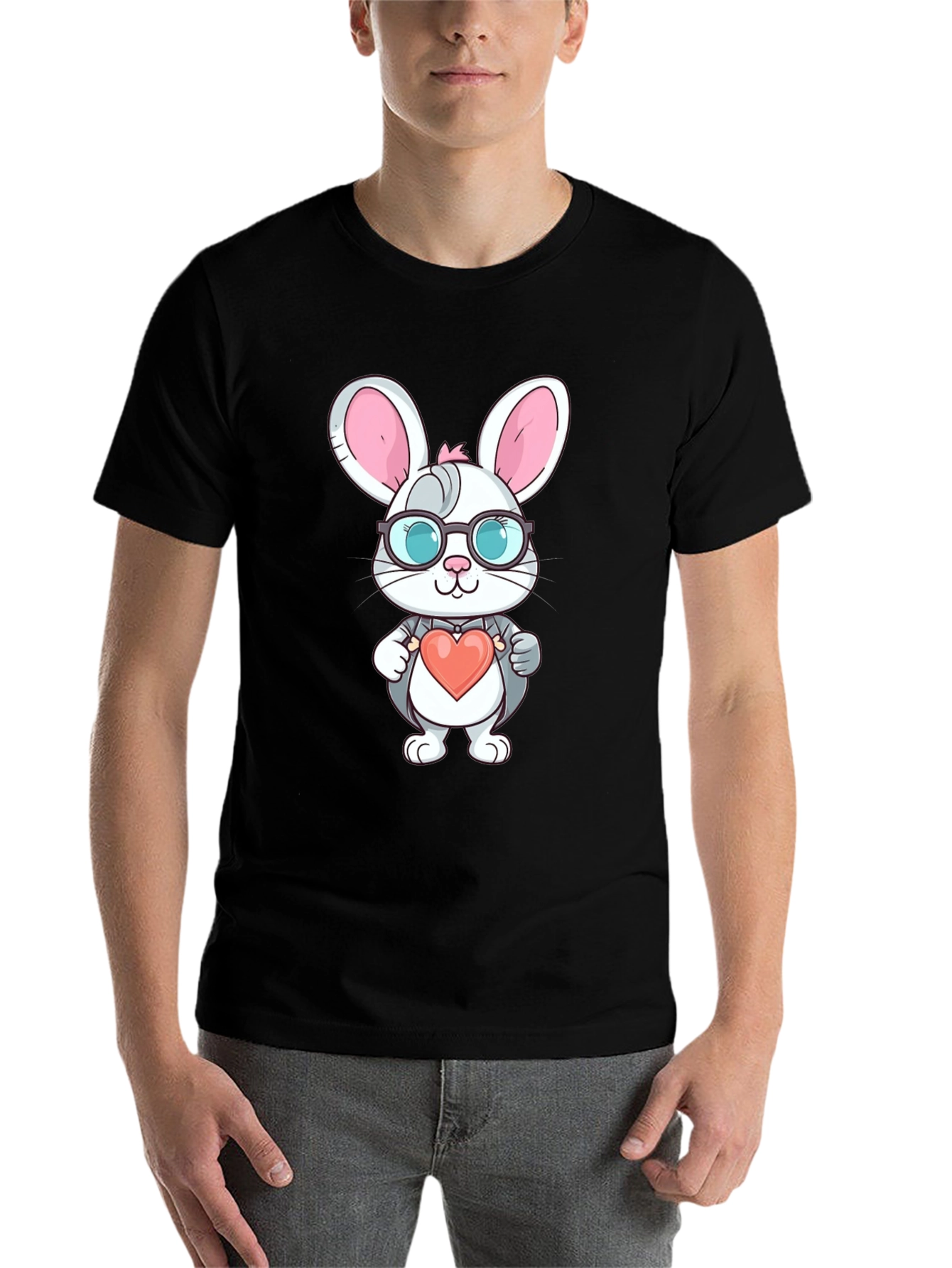 Cute Bunny Heart Valentine's Black T-Shirt - 7
