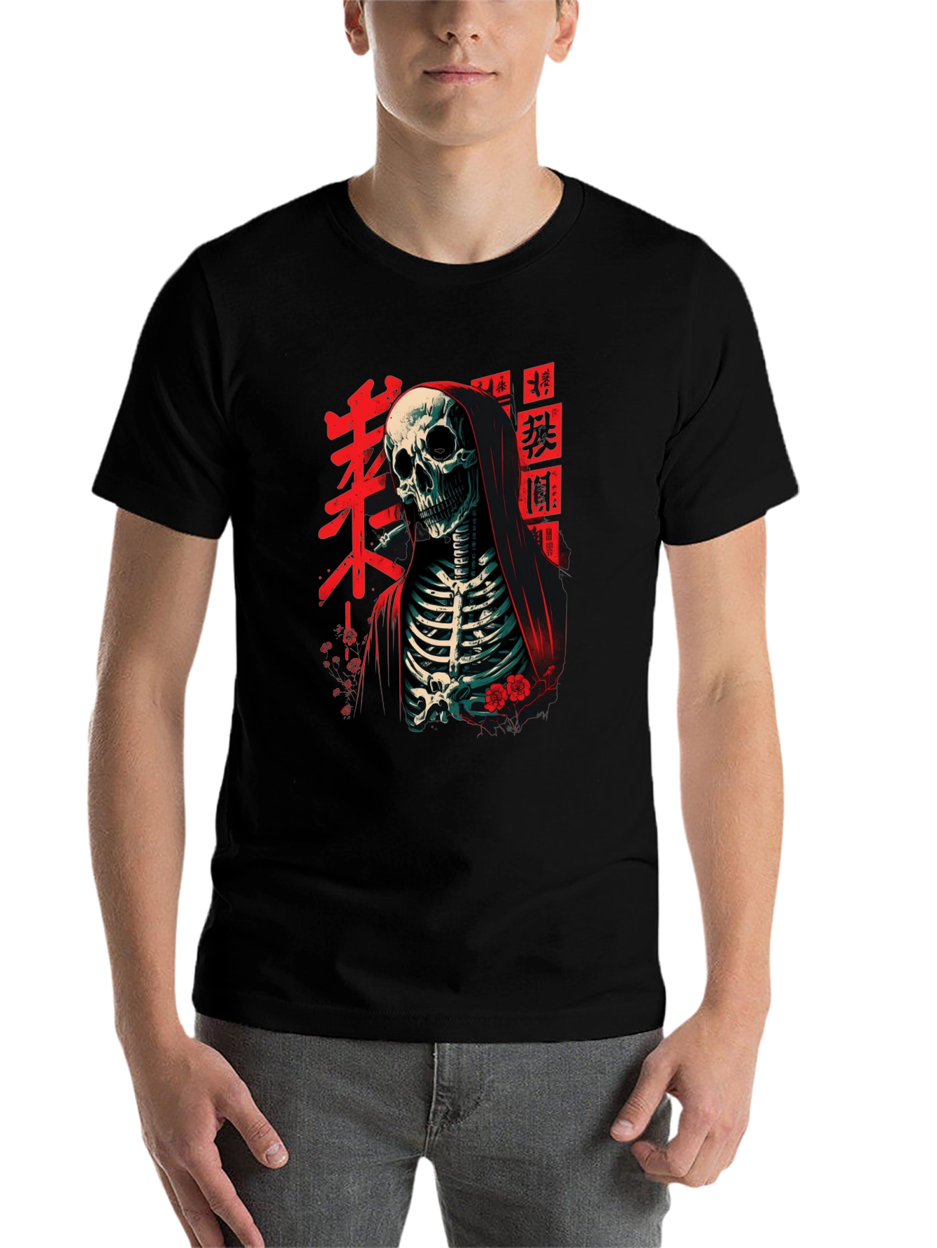 Black Grim Reaper Tee - Japanese Skeleton Graphic T-Shirt view 7