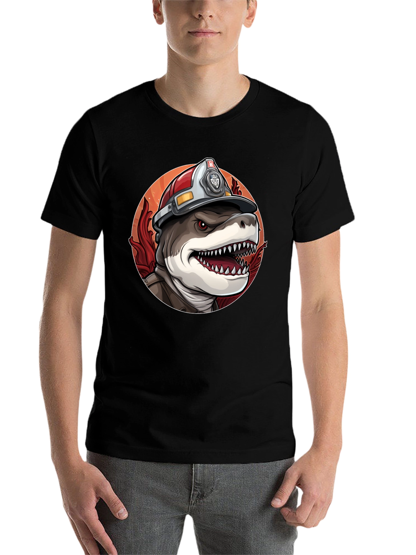 Black Firefighter Shark T-Shirt - Quirky Graphic Tee view 7
