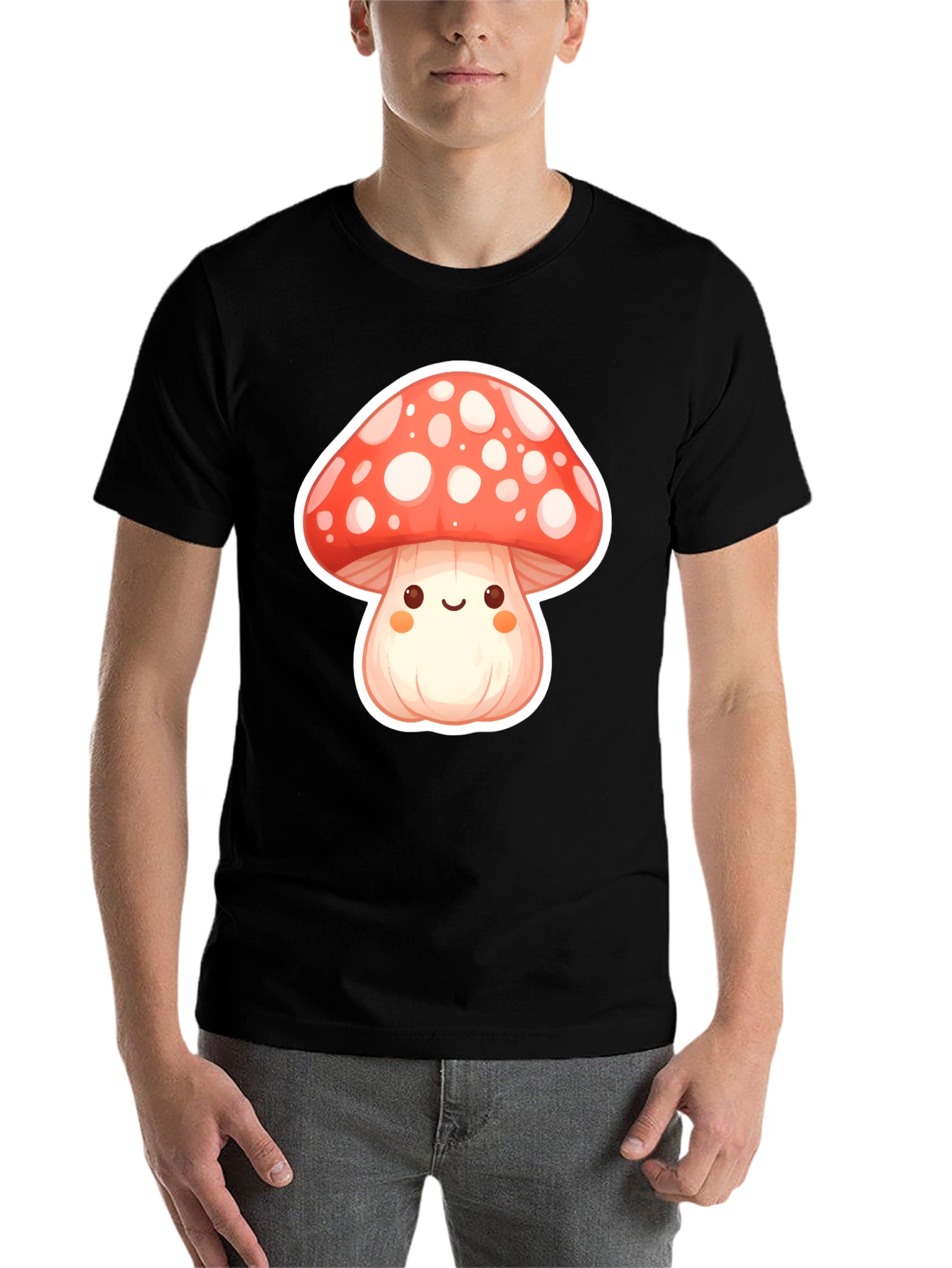 Black Cute Mushroom Graphic Tee - Soft Black Cotton T-Shirt view 7