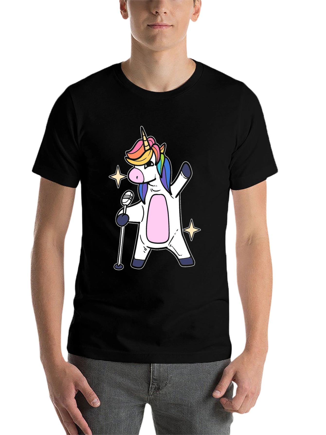 Black Unicorn Singer Graphic T-Shirt - Black Cotton Tee view 7
