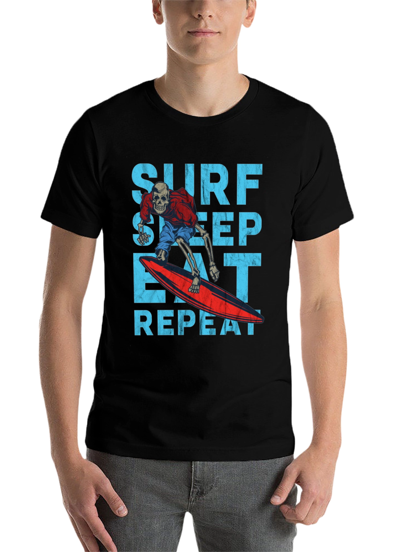 Black Surf Sleep Eat Repeat Skeleton Surfer Graphic Tee view 7