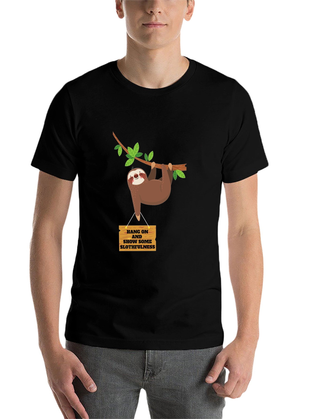 Black Funny Sloth T-Shirt - Hang On, Show Some Slothfulness view 7