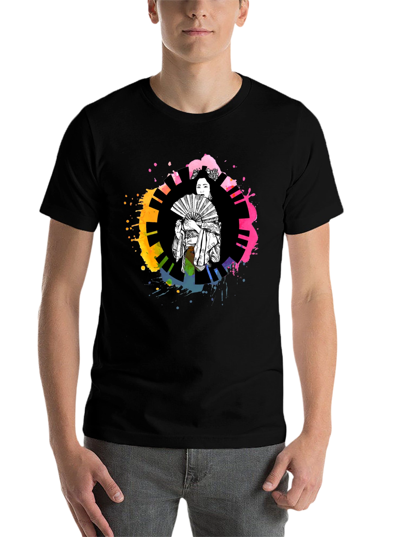 Black Geisha Art T-Shirt - Colorful Piano Design view 7