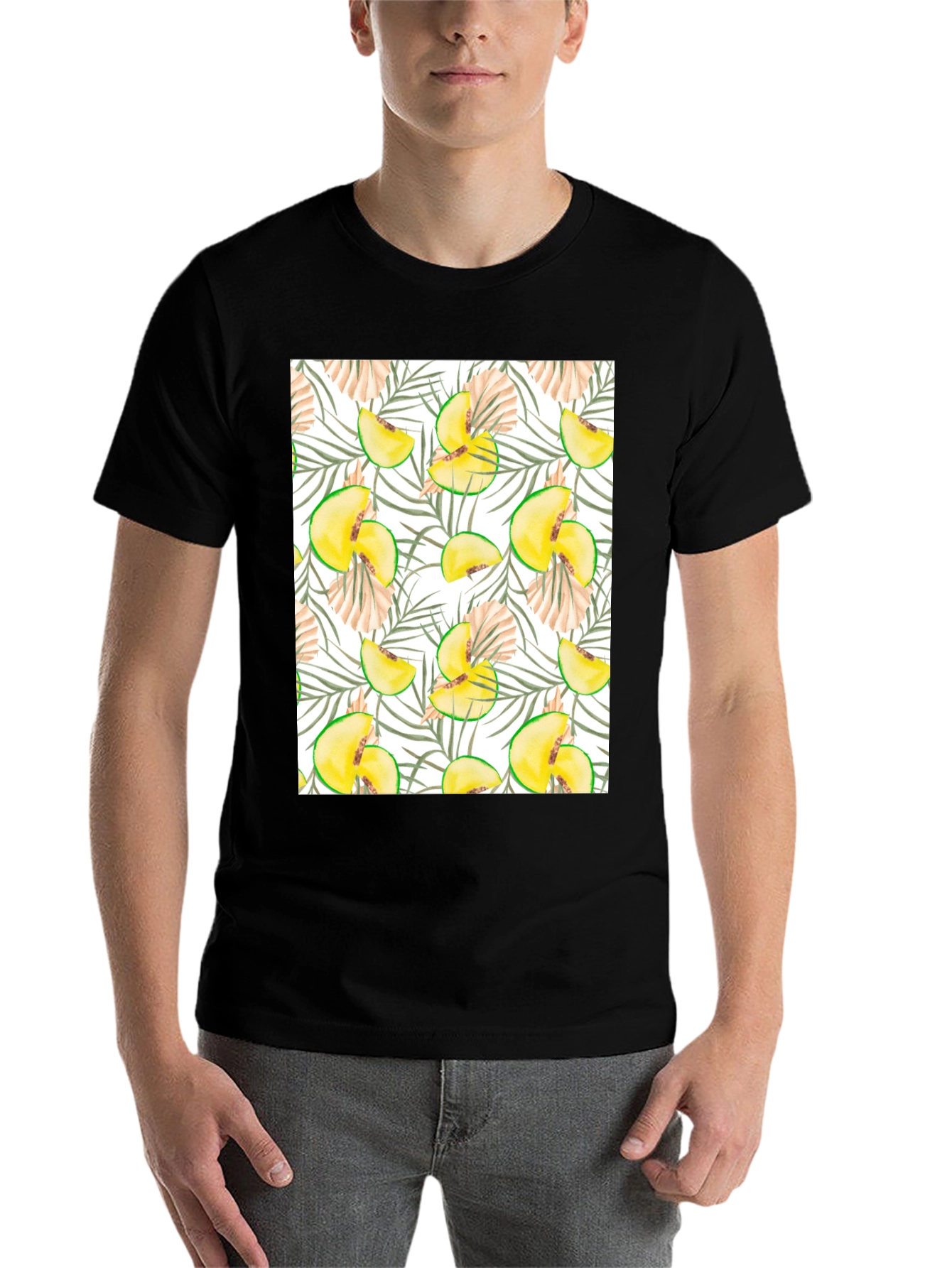 Black Tropical Peach Print Black T-Shirt view 7