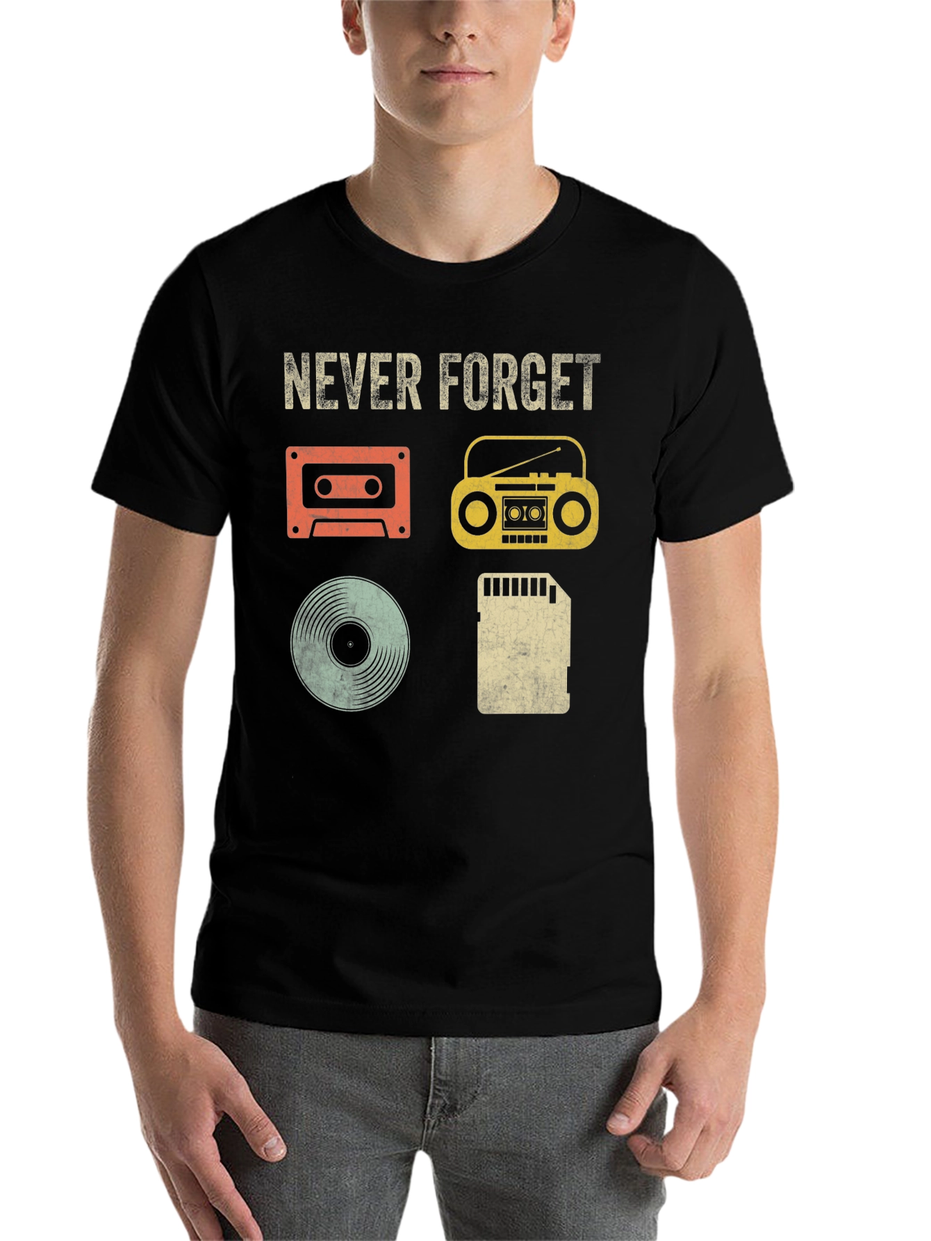 Black Retro Music T-Shirt - Never Forget Media Evolution view 7