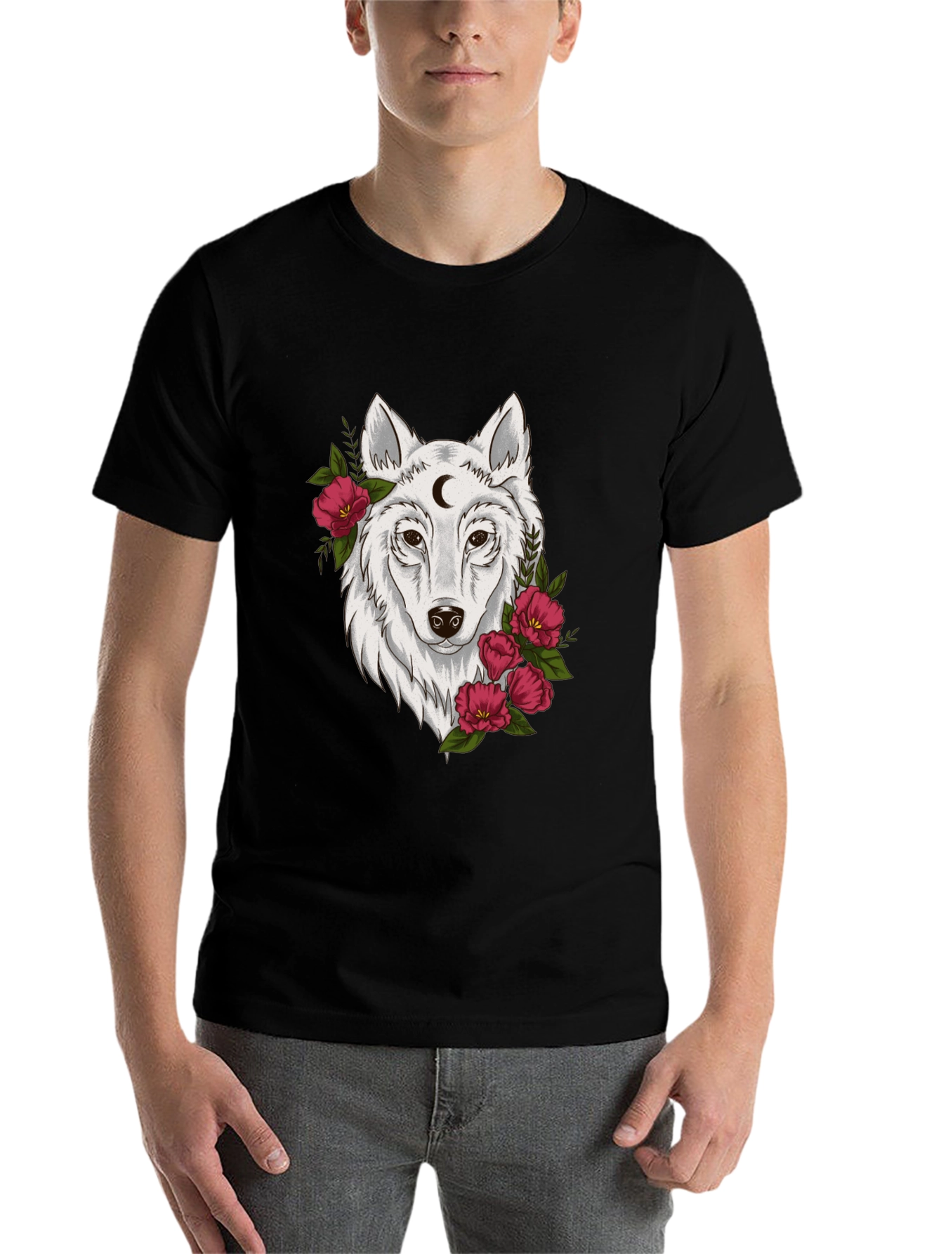 Black Wolf Moon & Flower Graphic T-Shirt - Mens view 7