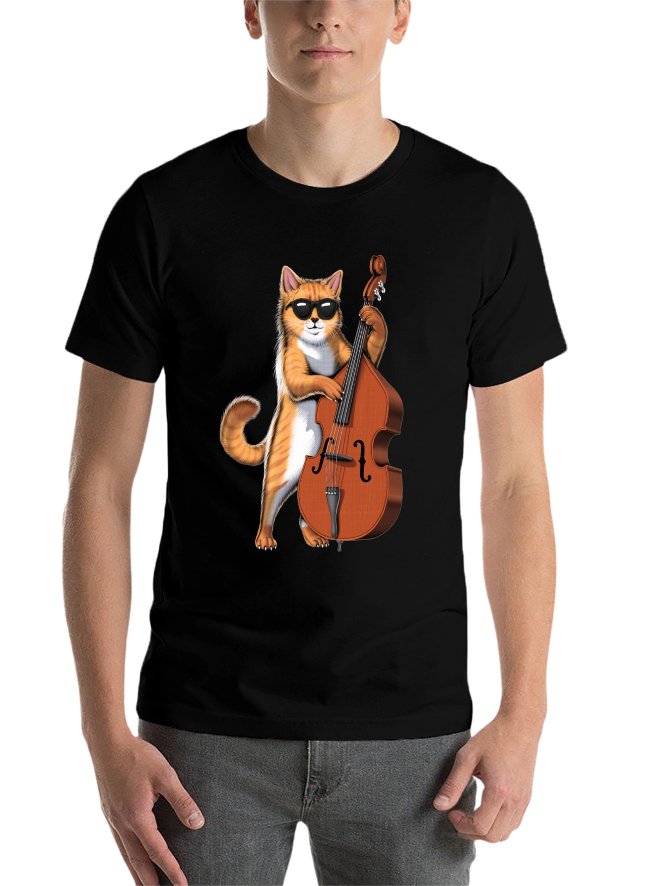 Black Cool Cat Bass Player Graphic Tee - Black Cotton view 7