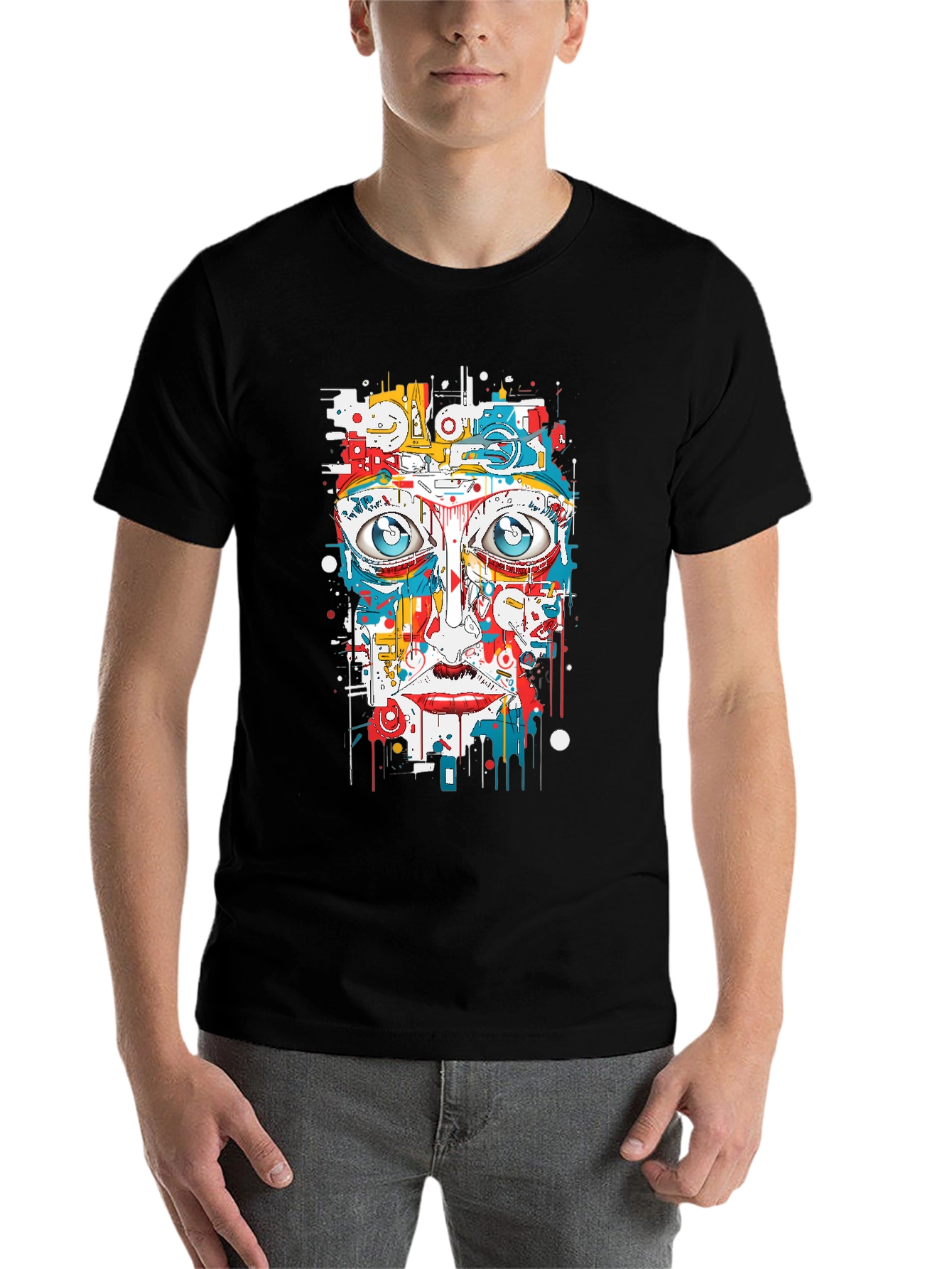 Black Abstract Face Graphic Print Black Tee view 7