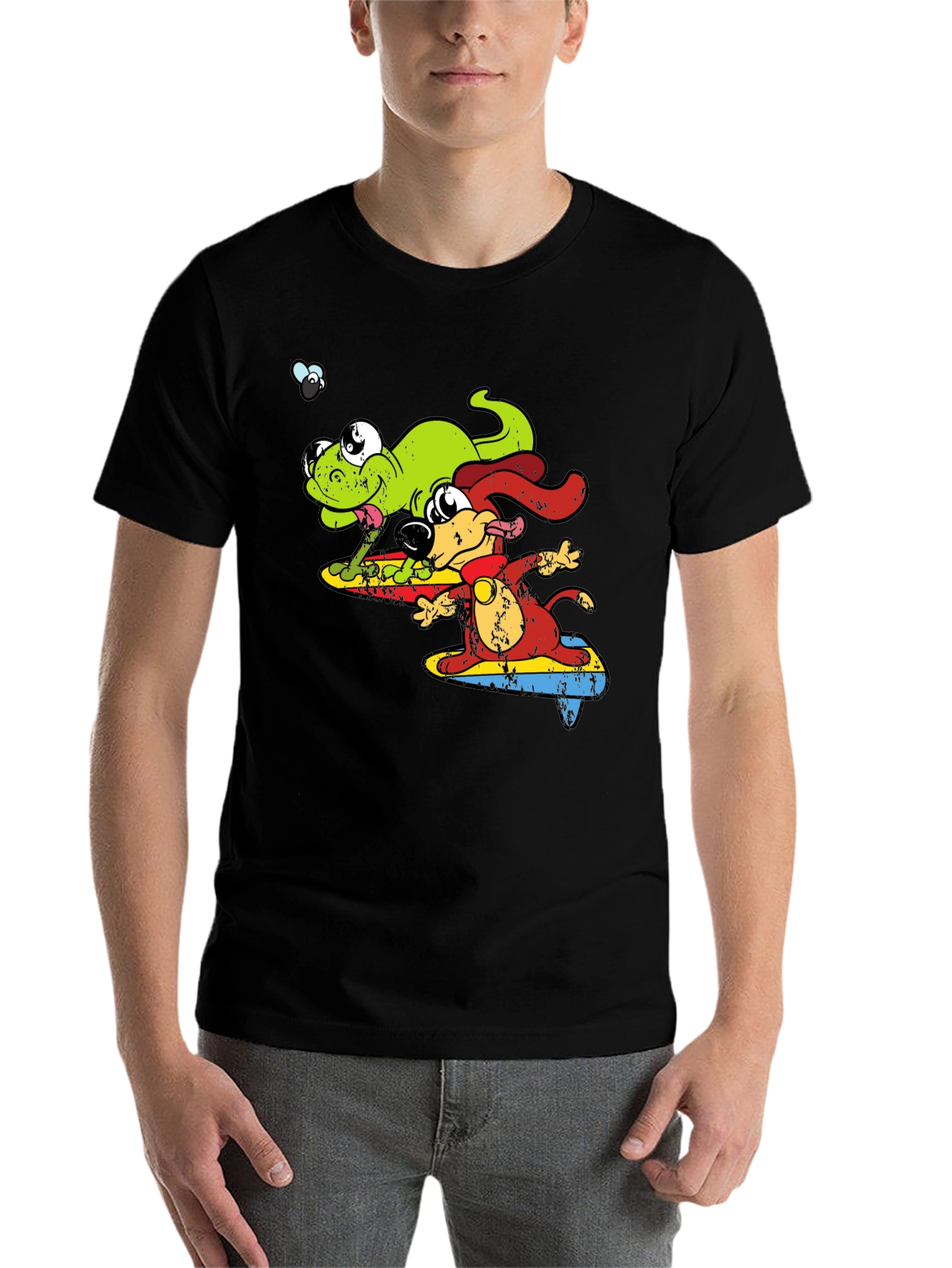 Black Cartoon Dog and Lizard Surfing Black T-Shirt view 7