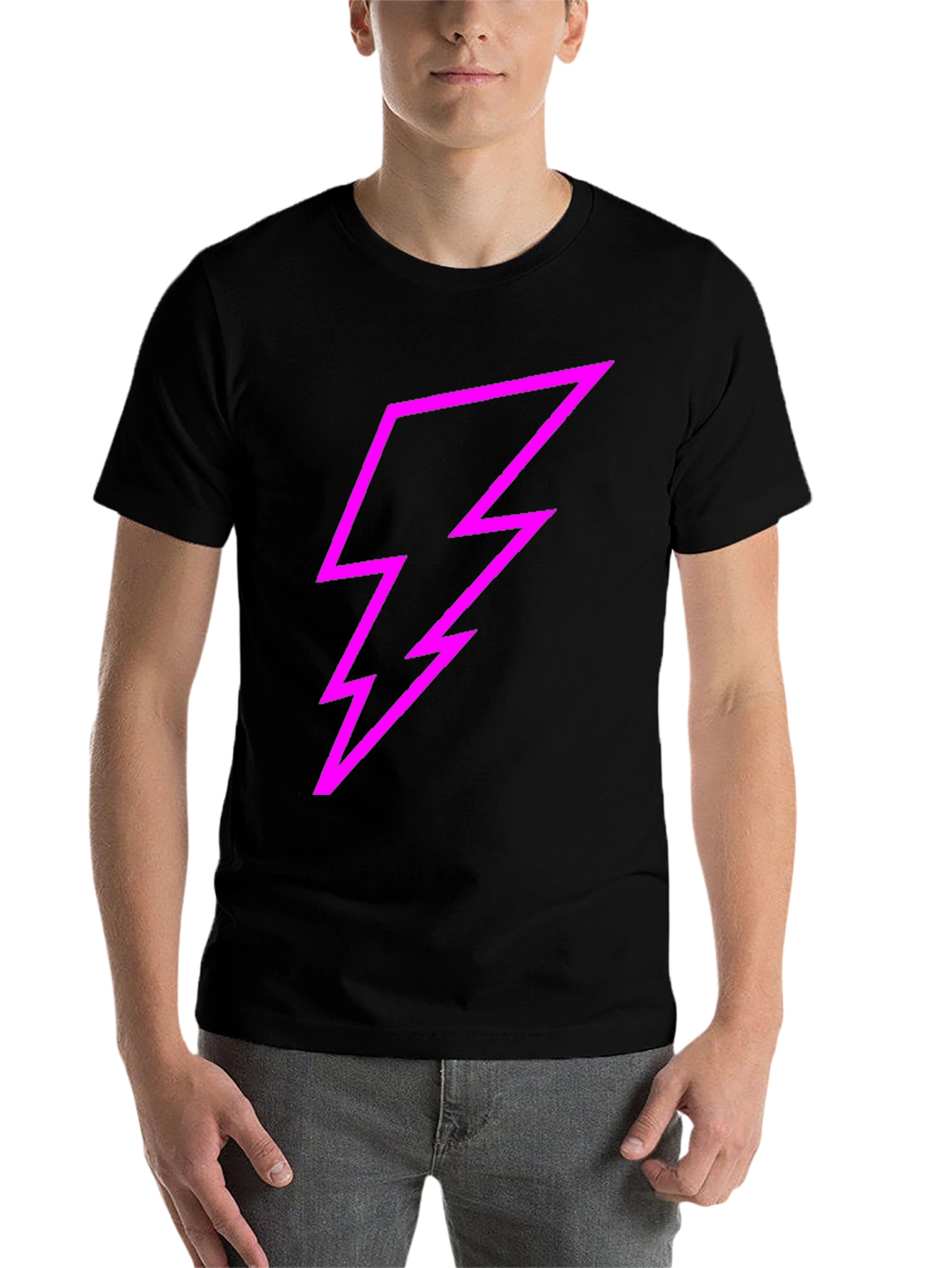 Black Black Tee with Bold Pink Lightning Bolt Design view 7