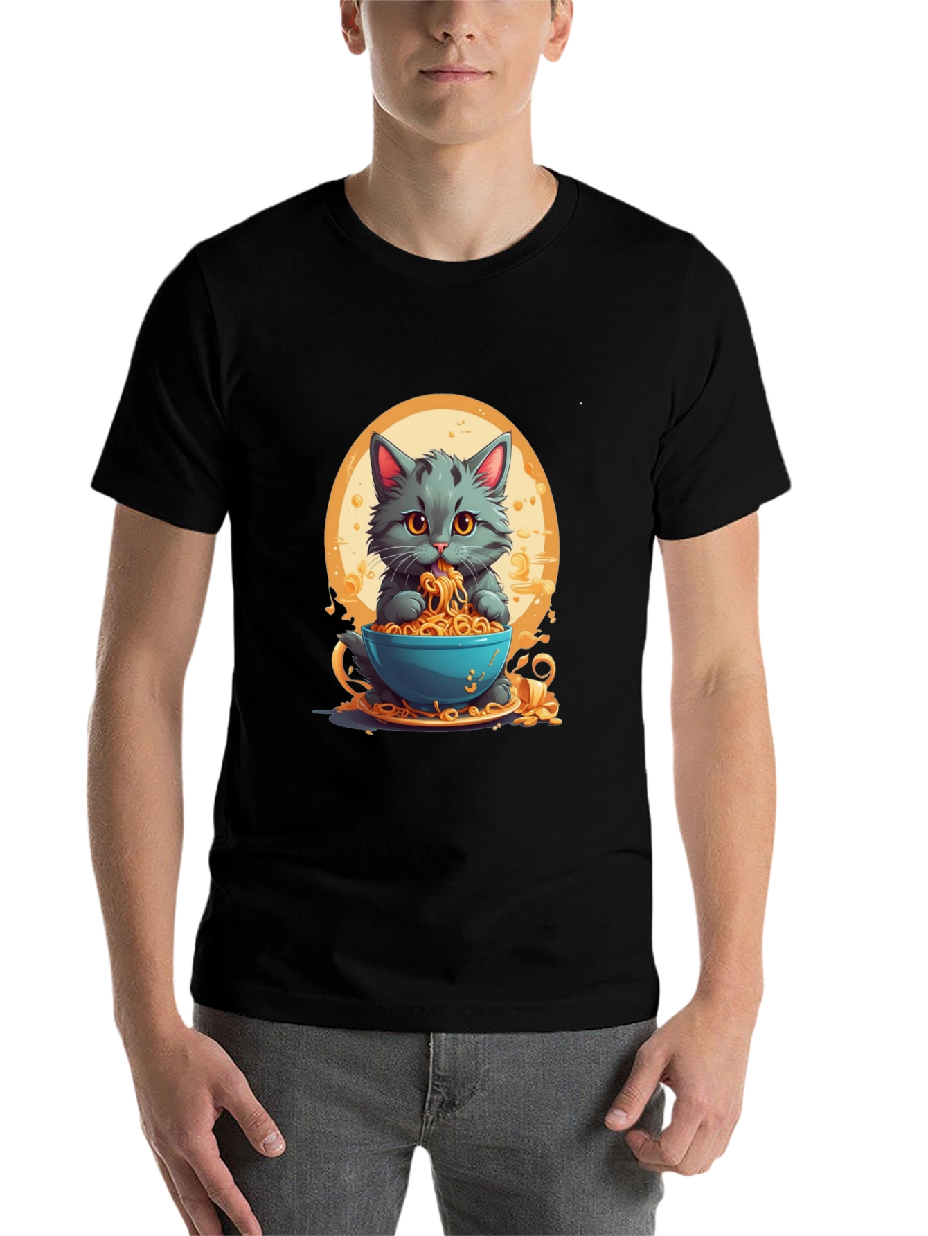 Black Cat Eating Noodles Graphic T-Shirt view 7