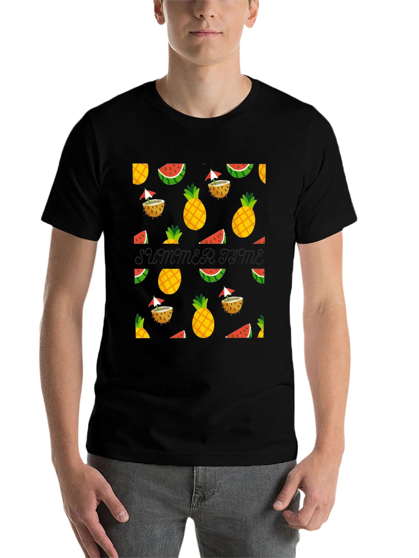 Black Summer Time Black Tee with Fruit Pattern view 7