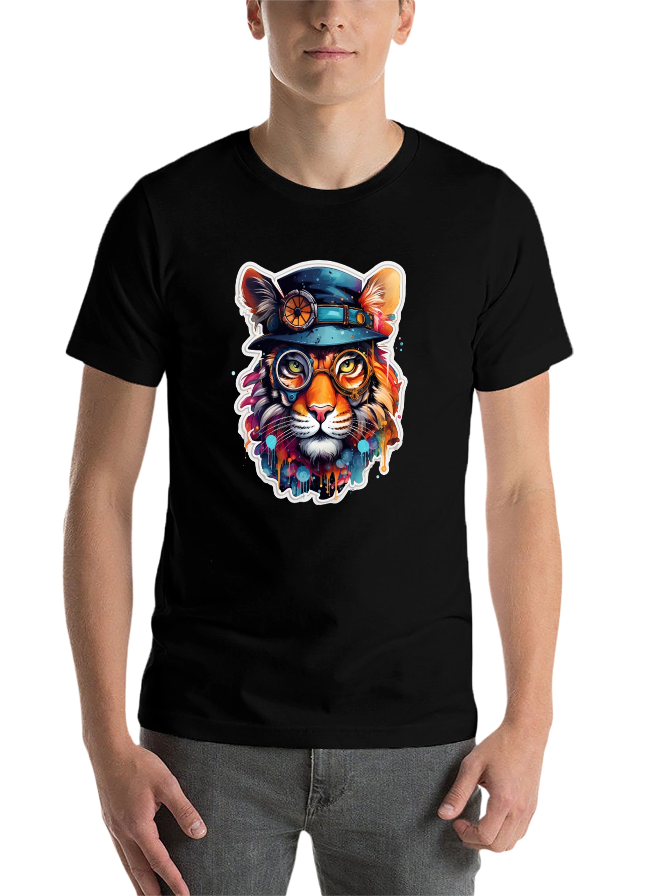 Black Steampunk Cat T-Shirt - Unique Animal Graphic Tee view 7