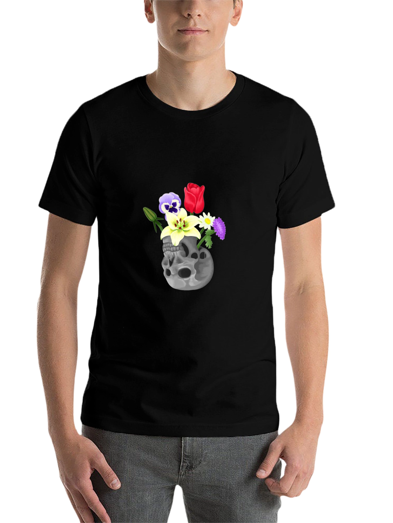 Black Skull & Flowers Graphic Tee - Black Cotton T-Shirt view 7