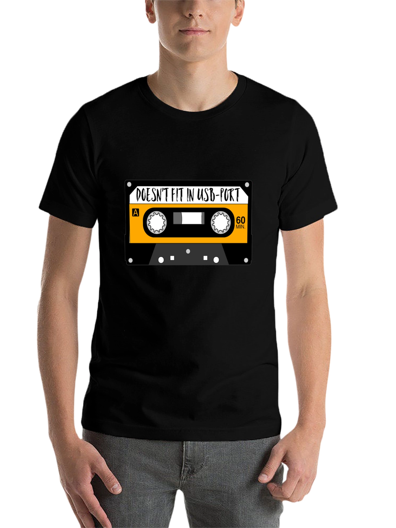 Black Retro Cassette Tape USB Port T-Shirt - Funny Music Tee view 7