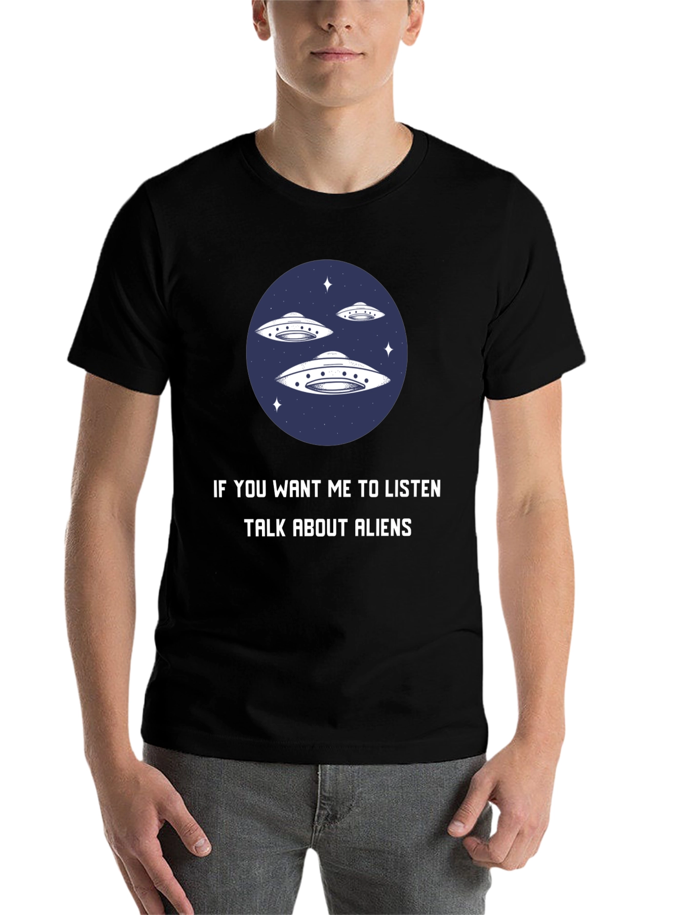 Black Alien Conversation Graphic Tee - Talk About Aliens T-Shirt view 7