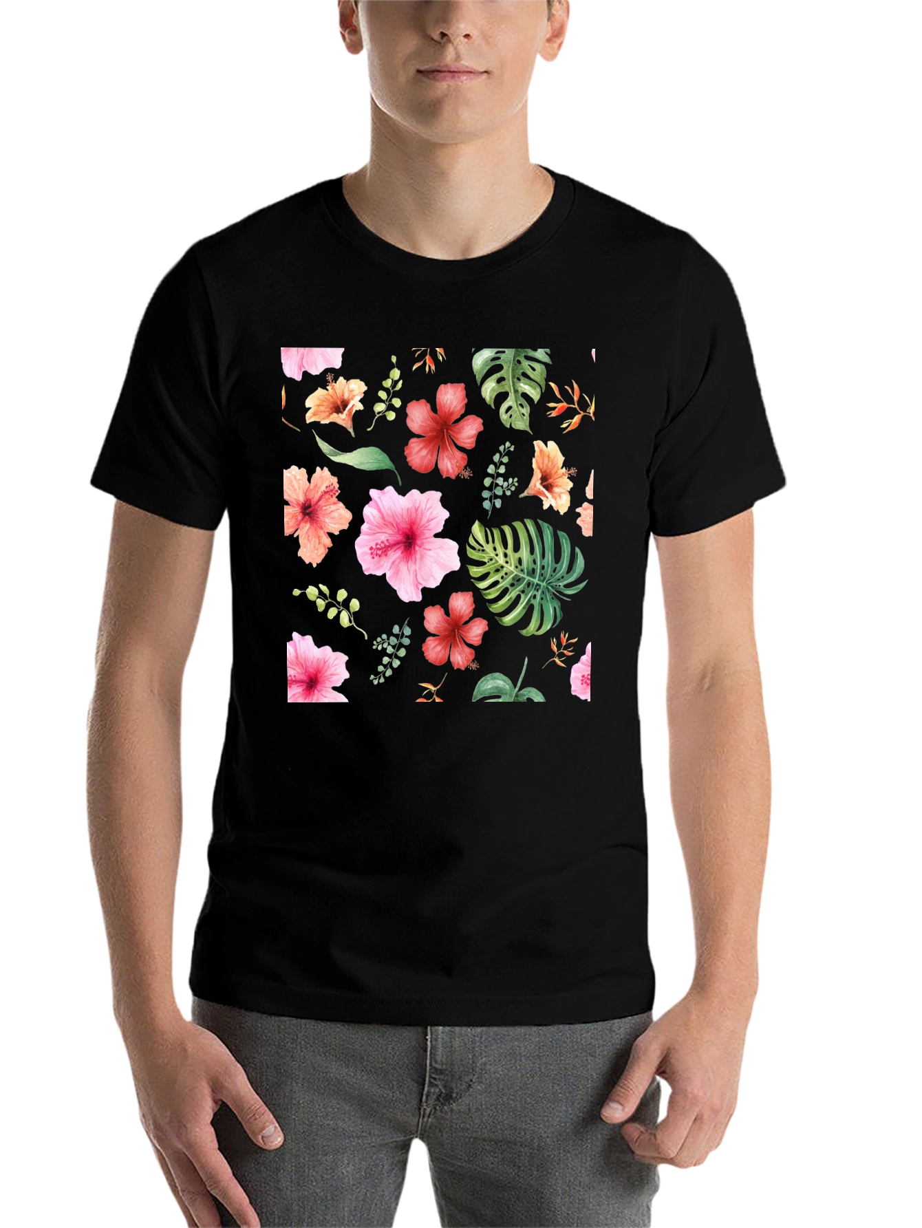 Floral Print Black T-Shirt - Tropical Style - 7