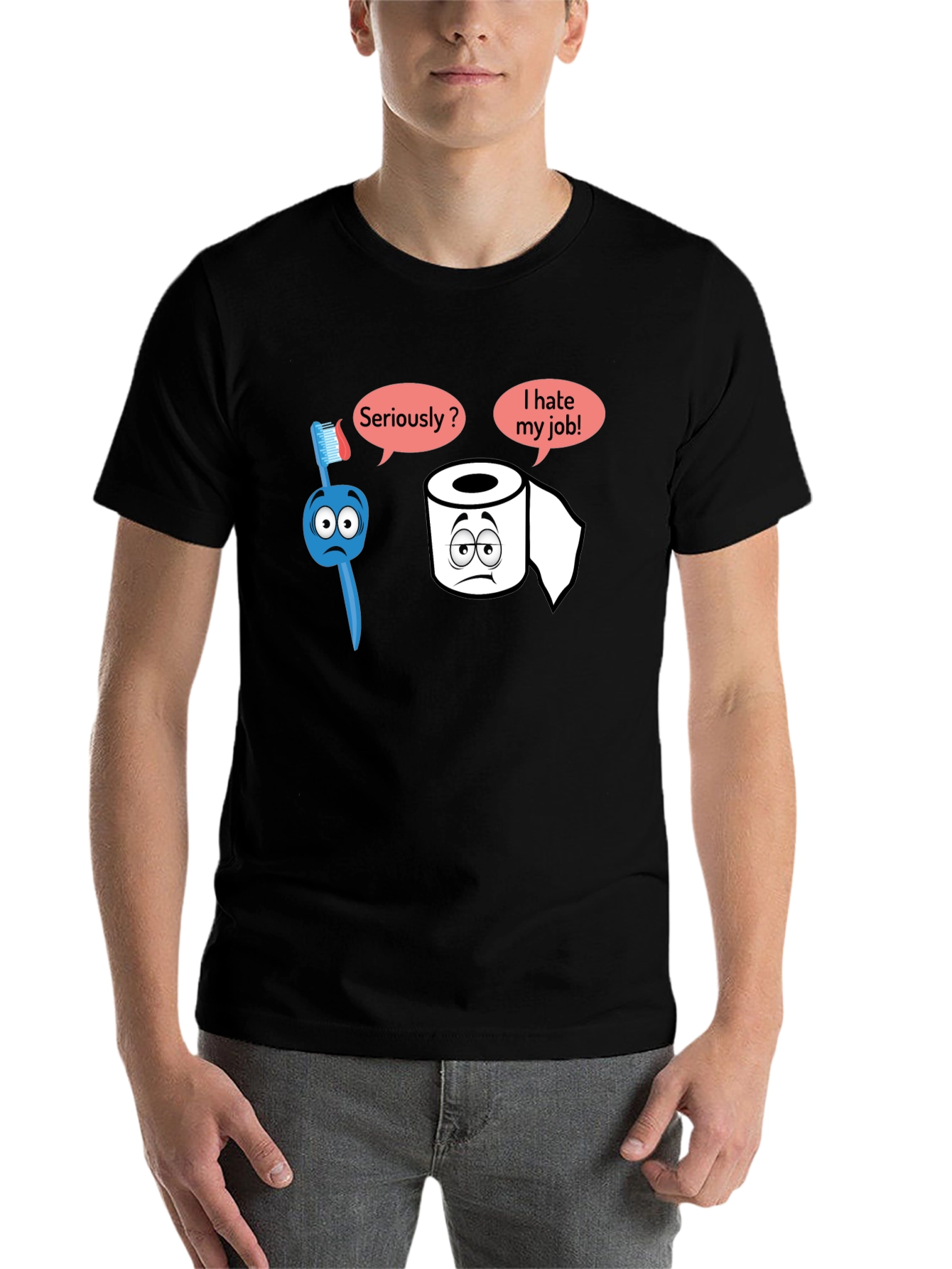 Black Humorous T-Shirt: Toothbrush and Toilet Paper view 7