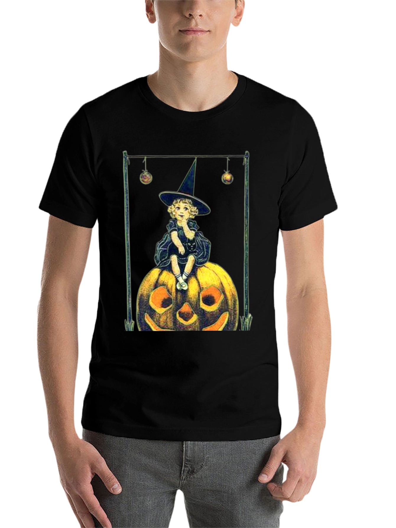 Black Vintage Witch on Pumpkin Halloween Tee view 7
