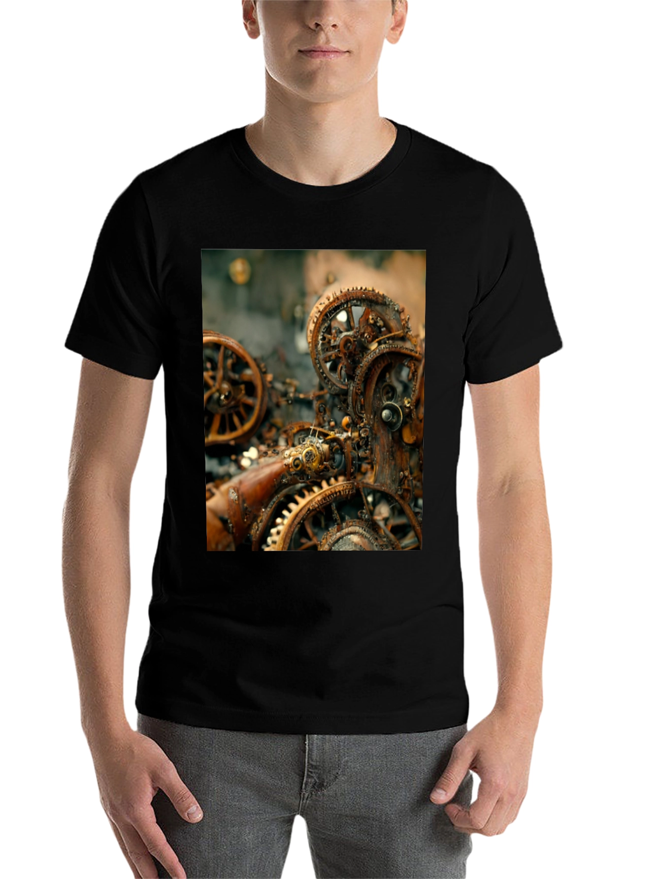 Black Steampunk Gears Graphic Tee - Black Cotton T-Shirt view 7