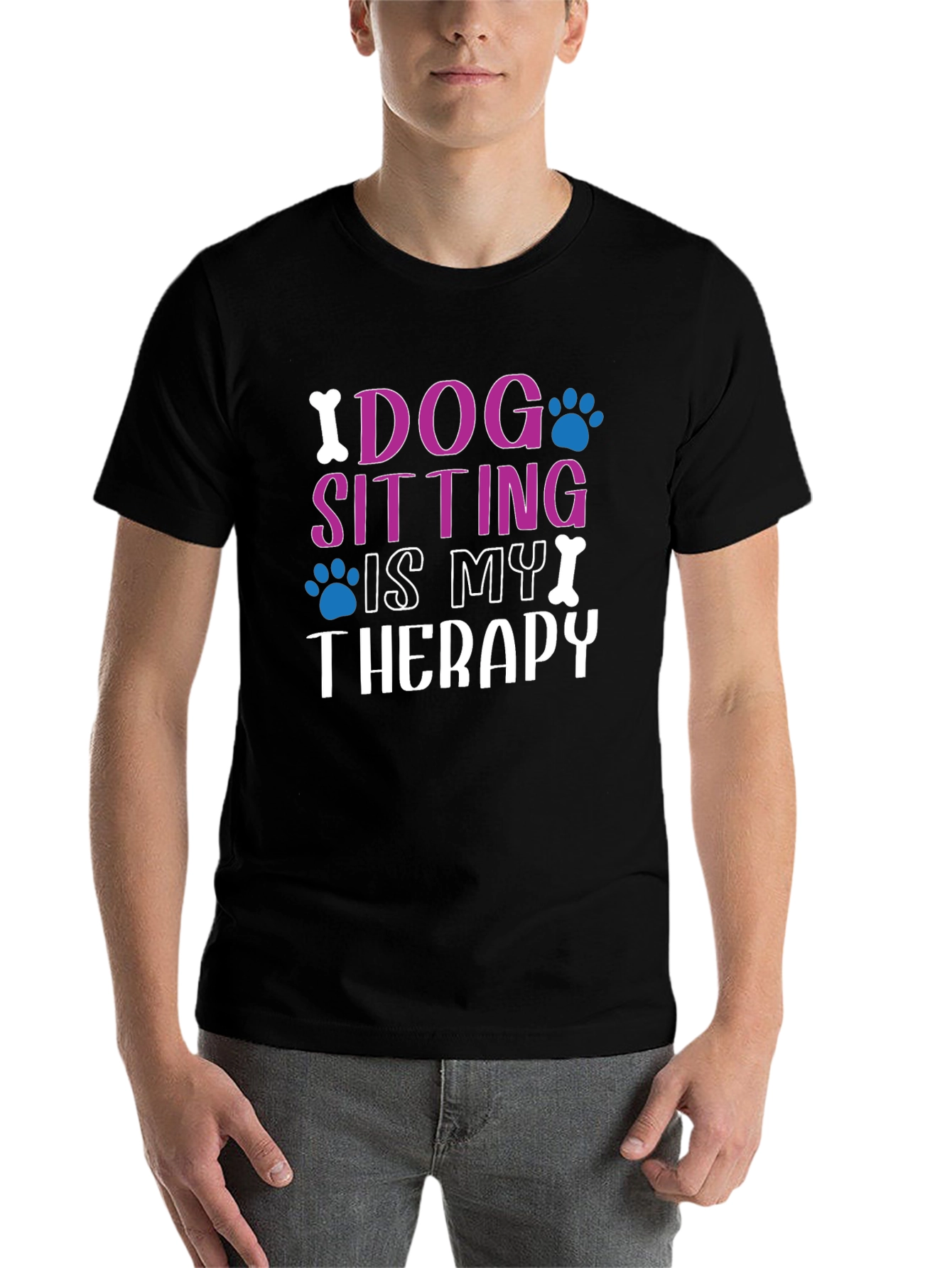 Black Dog Sitting Is My Therapy Black T-Shirt view 7