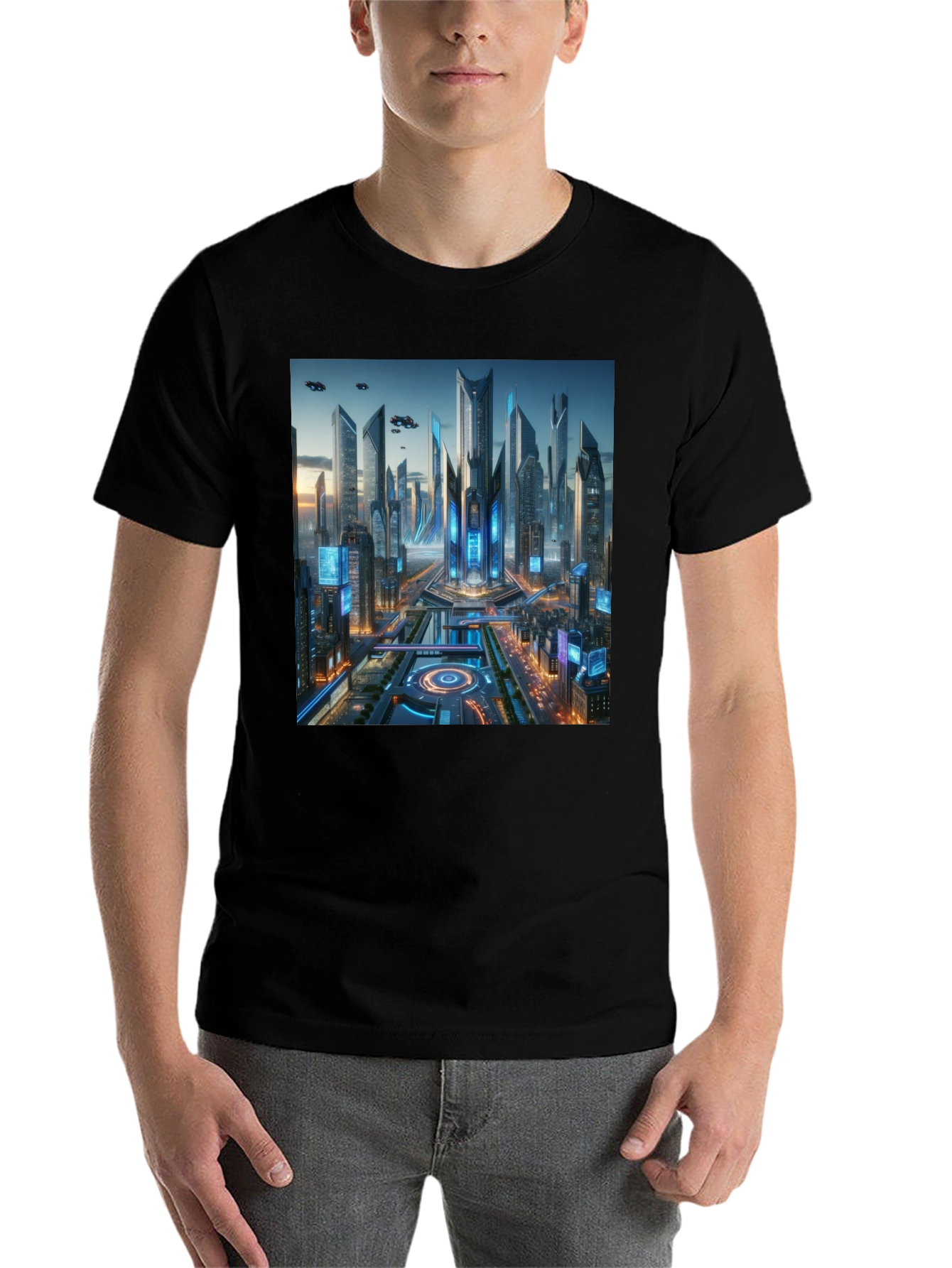 Black Futuristic Cityscape Graphic Black T-Shirt view 7
