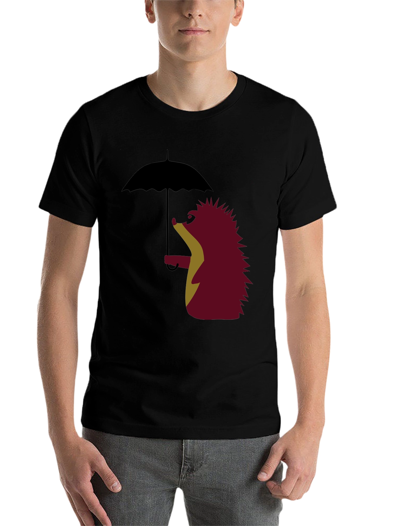 Black Whimsical Hedgehog Under Umbrella Graphic Tee view 7