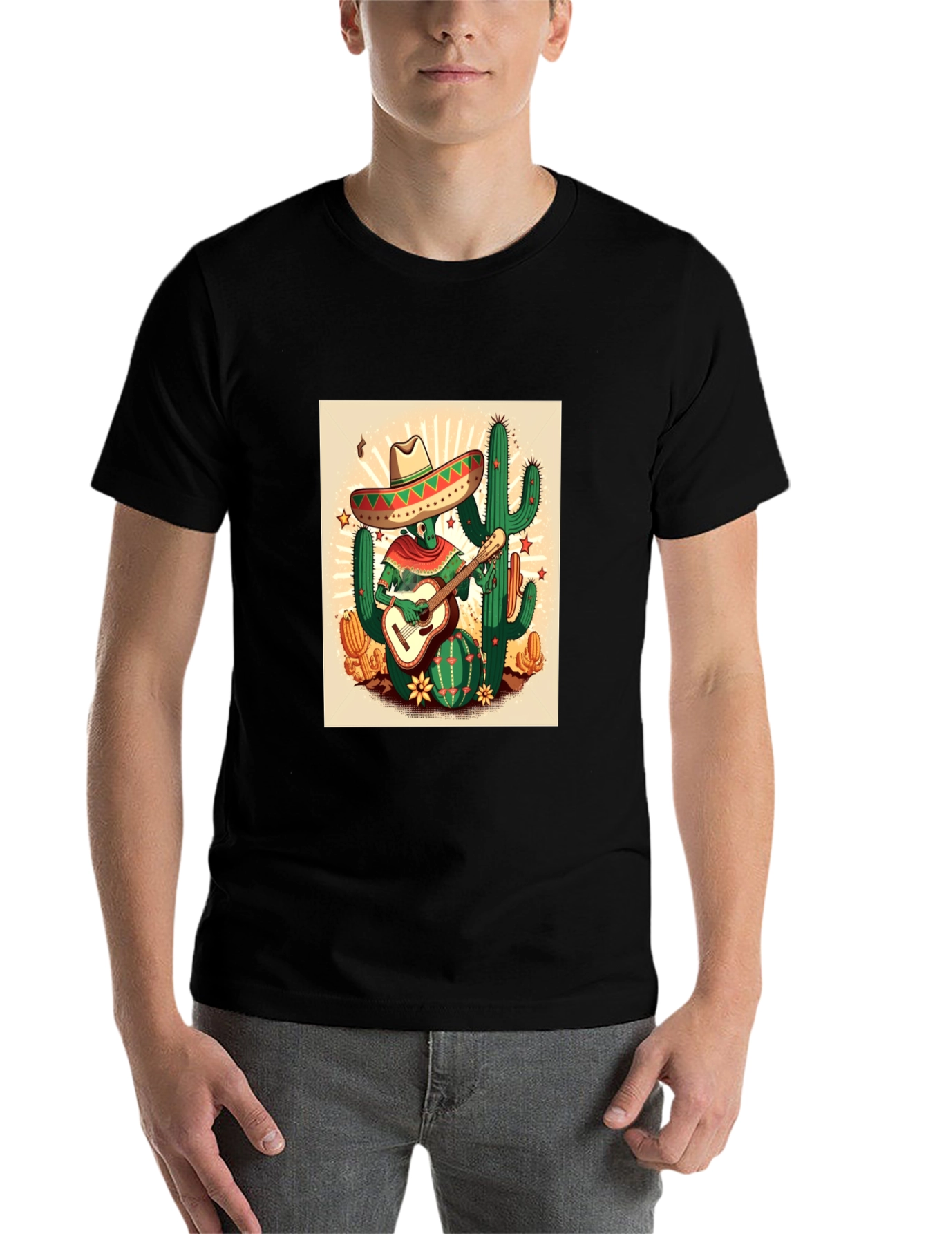 Black Cactus Guitarist Graphic Tee - Men's Black T-Shirt view 7