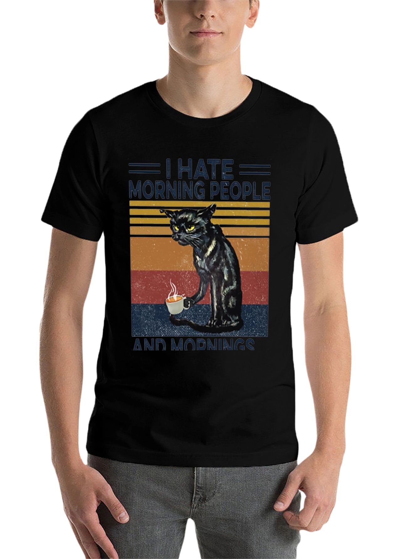Black I Hate Morning People Cat Graphic T-Shirt view 7