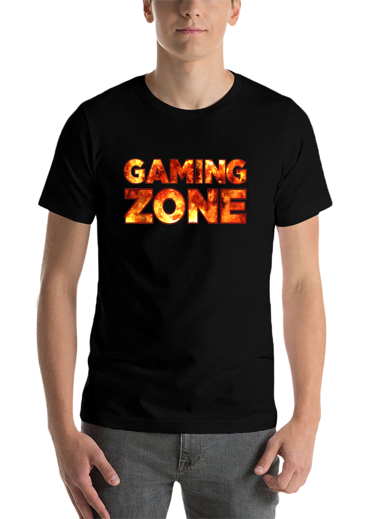 Black Gaming Zone Fire Text Black T-Shirt view 7